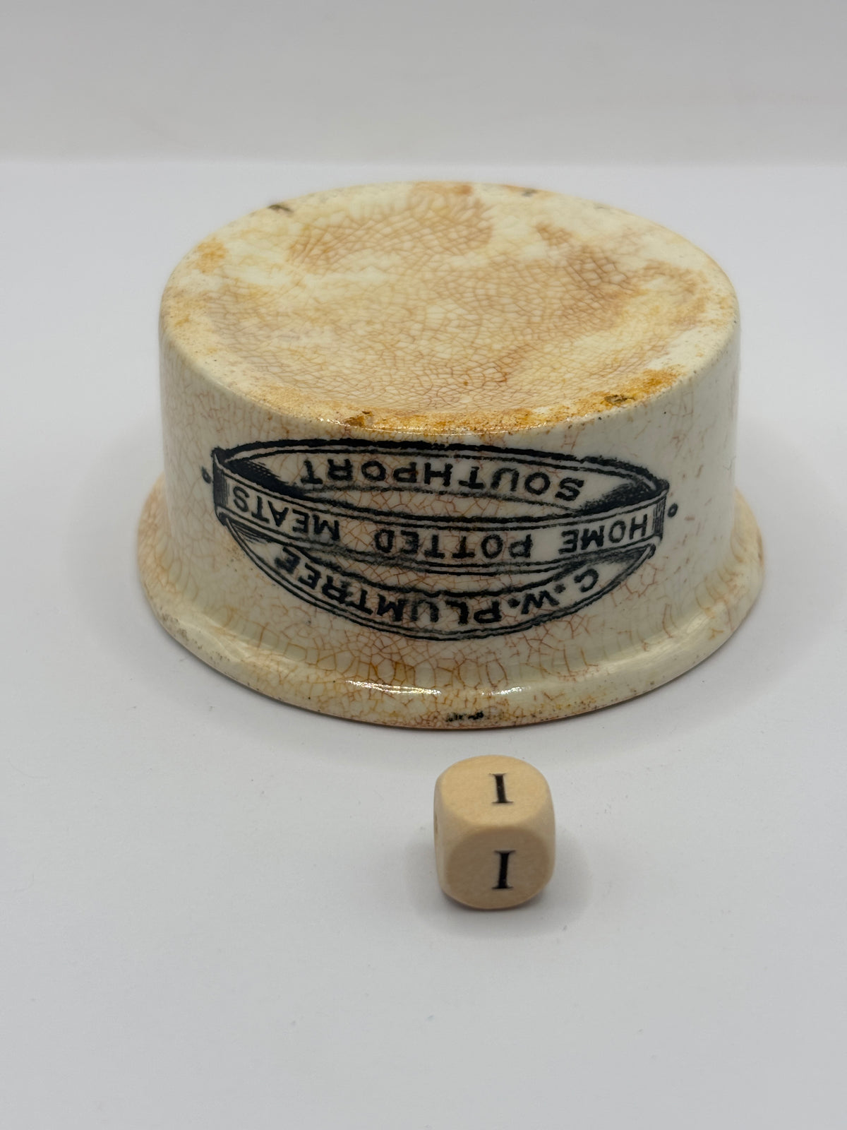 Old small advertising meat paste pot, Plumtree home potted meats (i)
