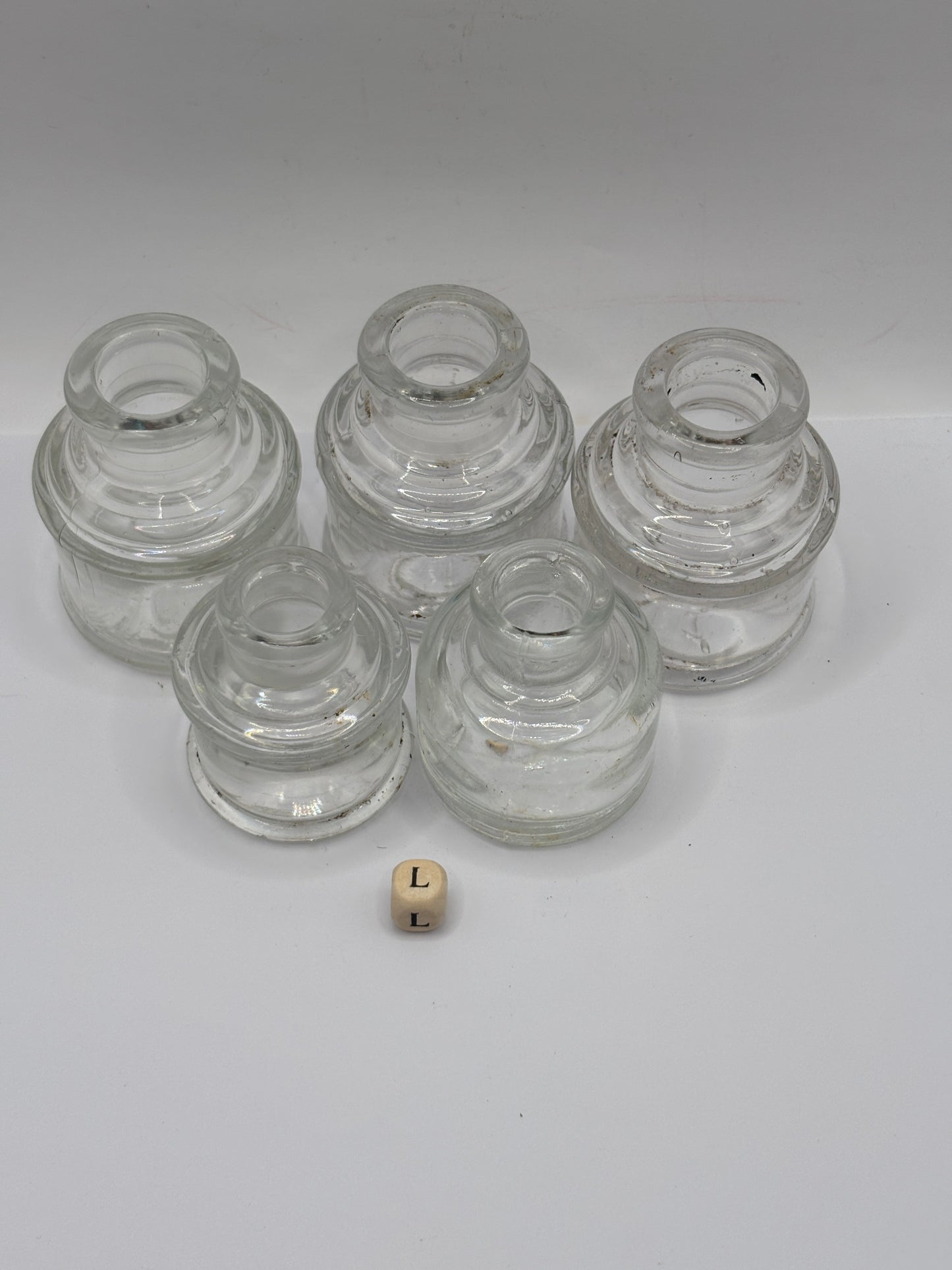 5 old clear glass inks, inkwells, ink bottles