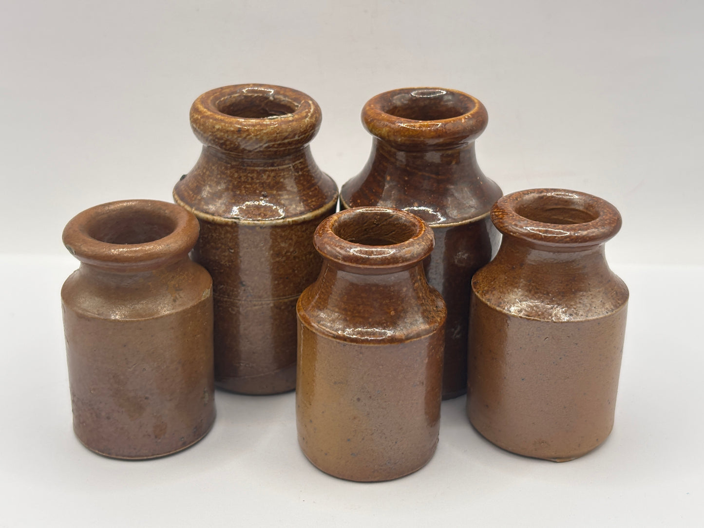 5 old small brown stoneware pots