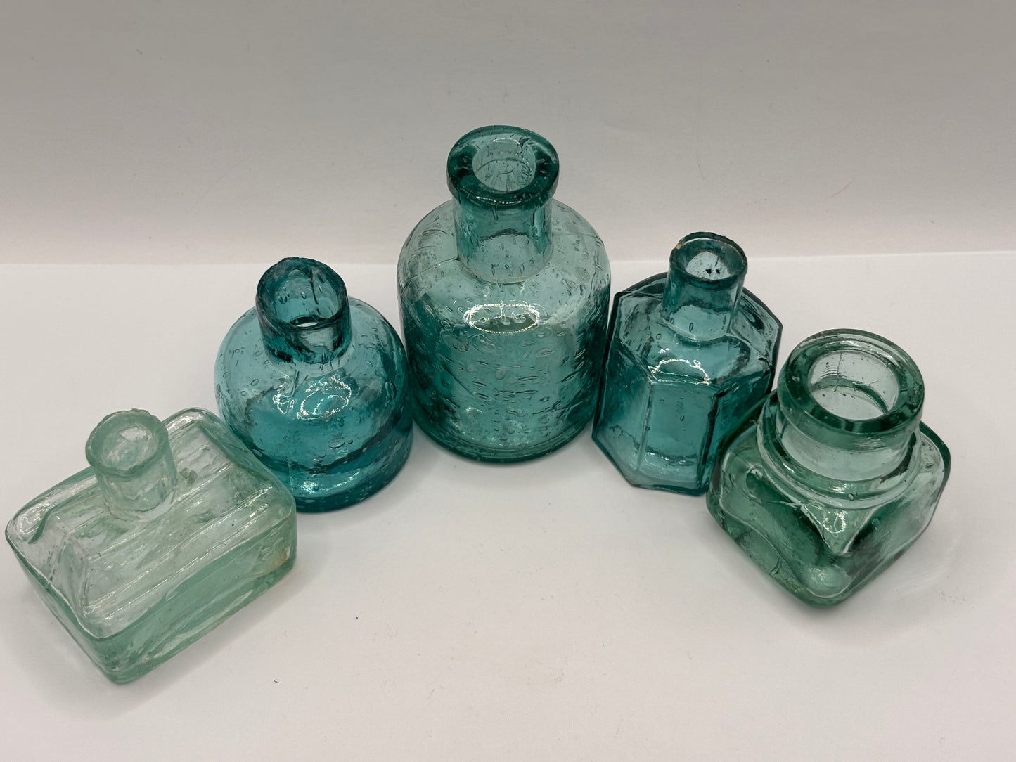 5 old aqua glass inks, inkwells, ink bottles