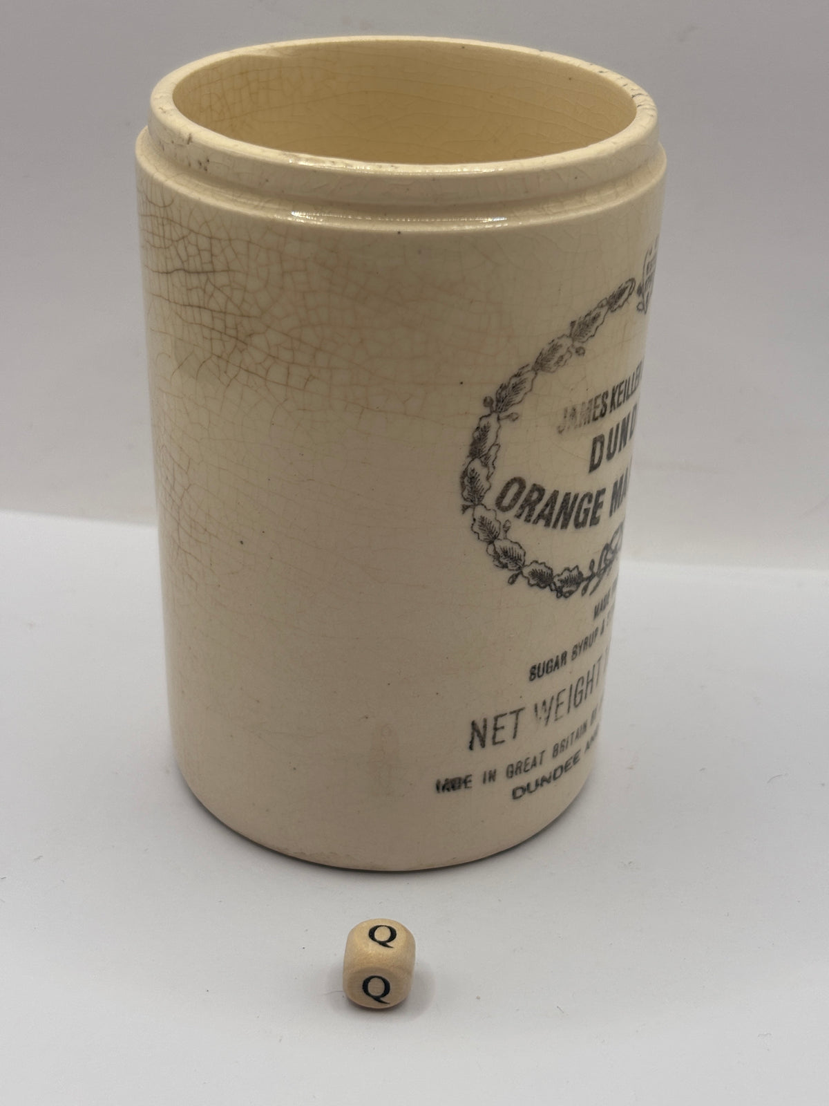 Old 1lb stoneware marmalade pot, James Keiller Dundee marmalade (Q)