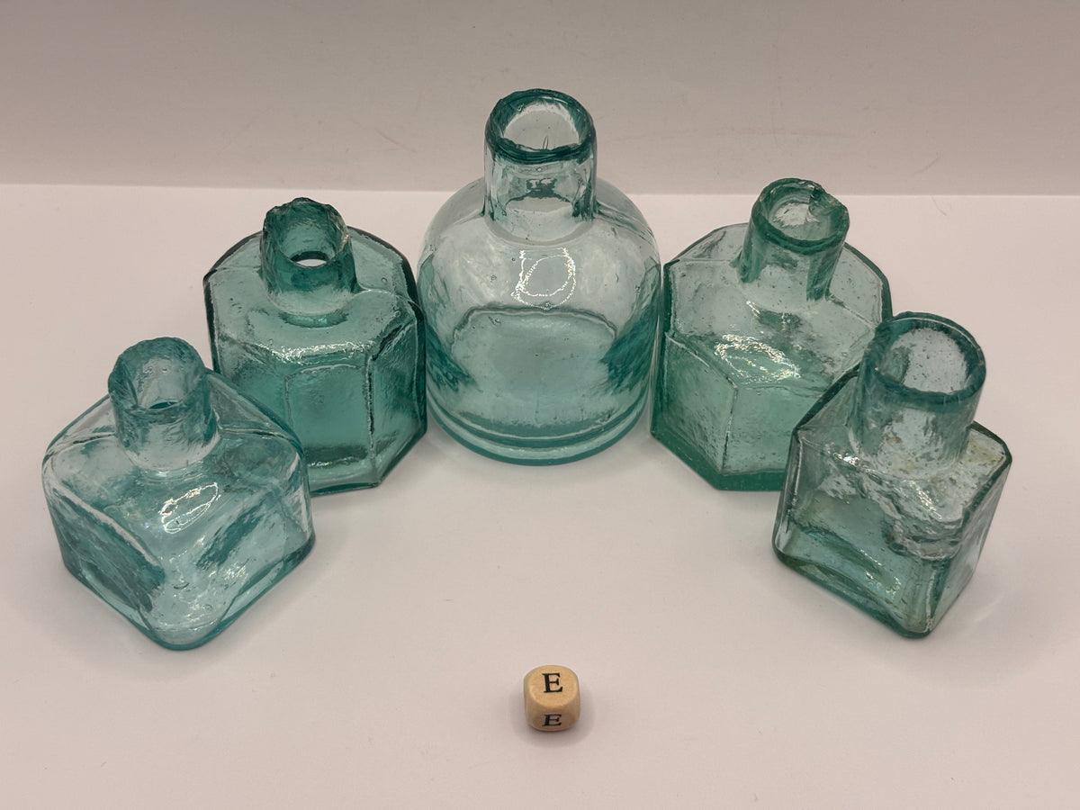 5 old aqua glass inks, inkwells, ink bottles, penny ink (e)
