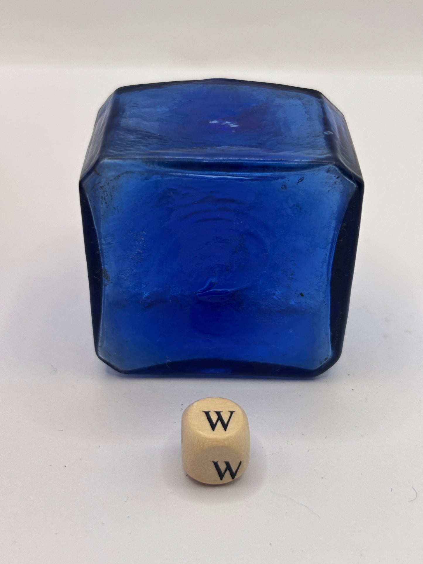 Old blue glass ink bottle, inkwell, penny ink (W)