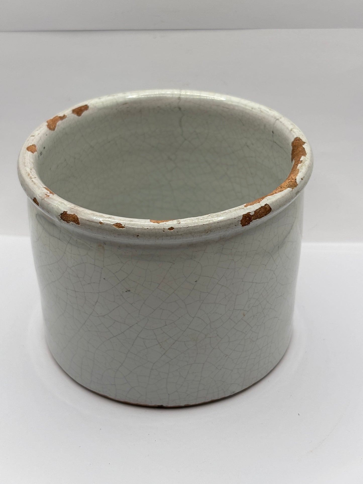 Old French stoneware confit pot, stained & crazed