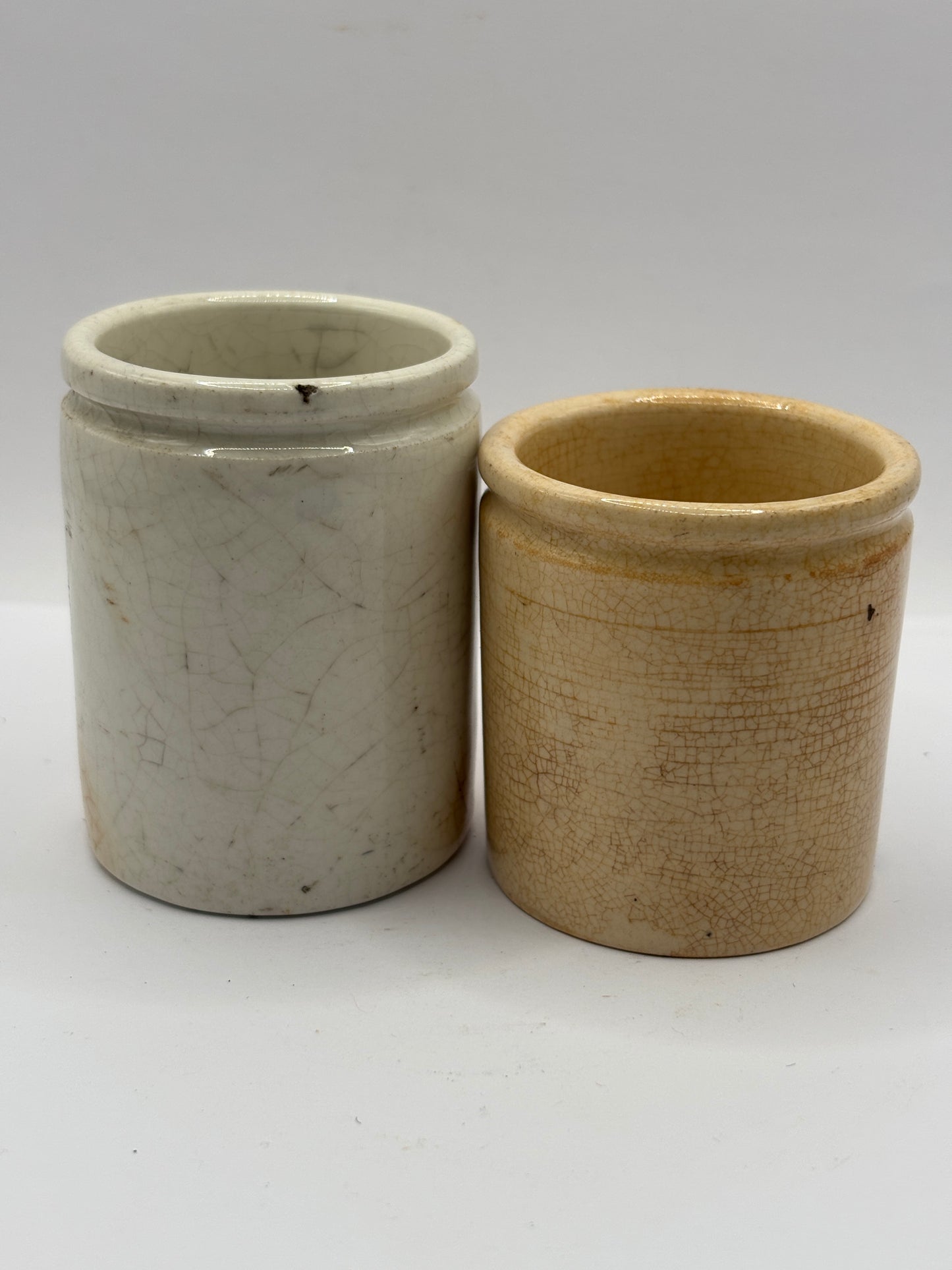 2 old stained & crazed stoneware pots