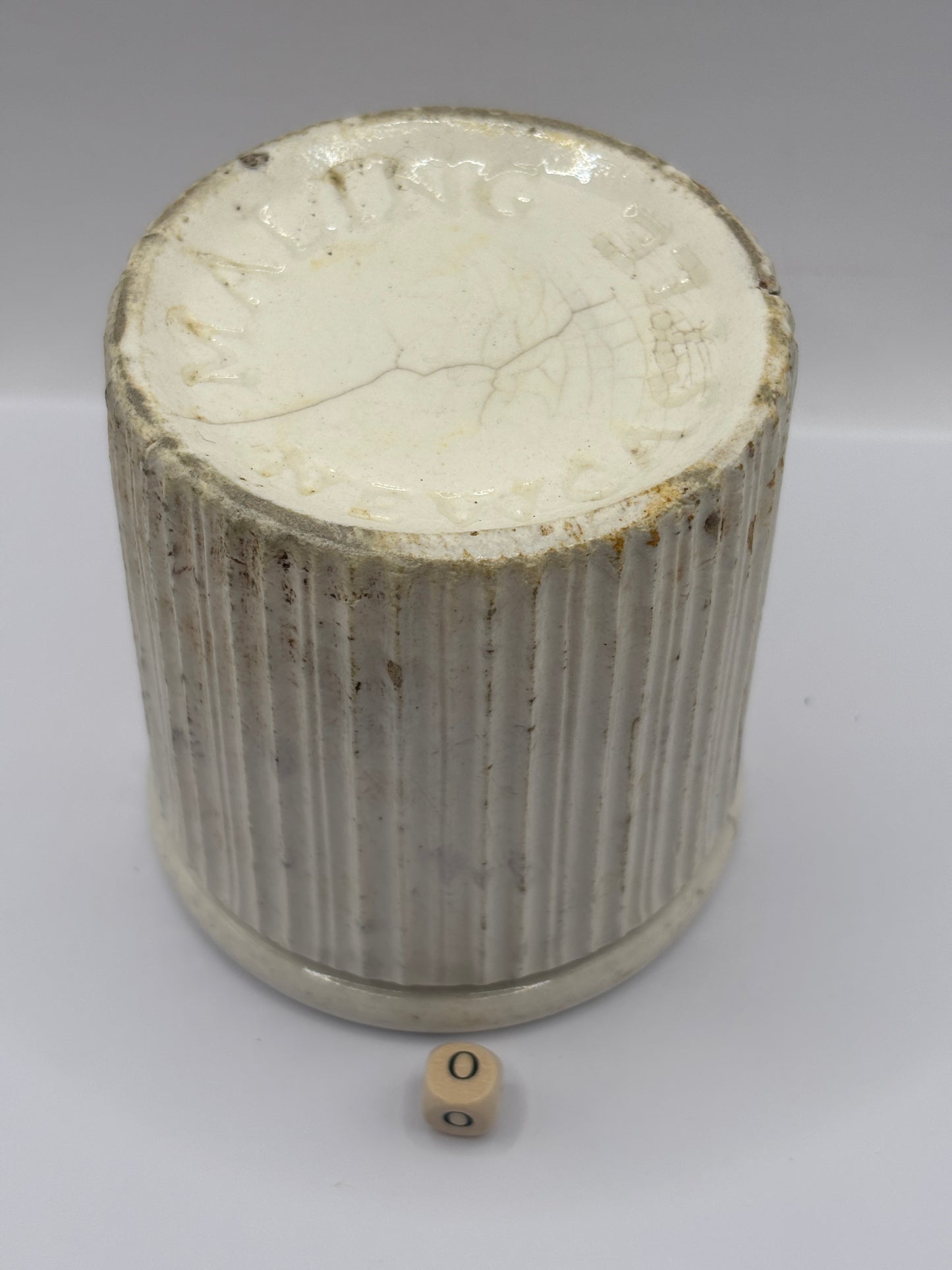 Old early ribbed stoneware jam & marmalade pot. Hairlined