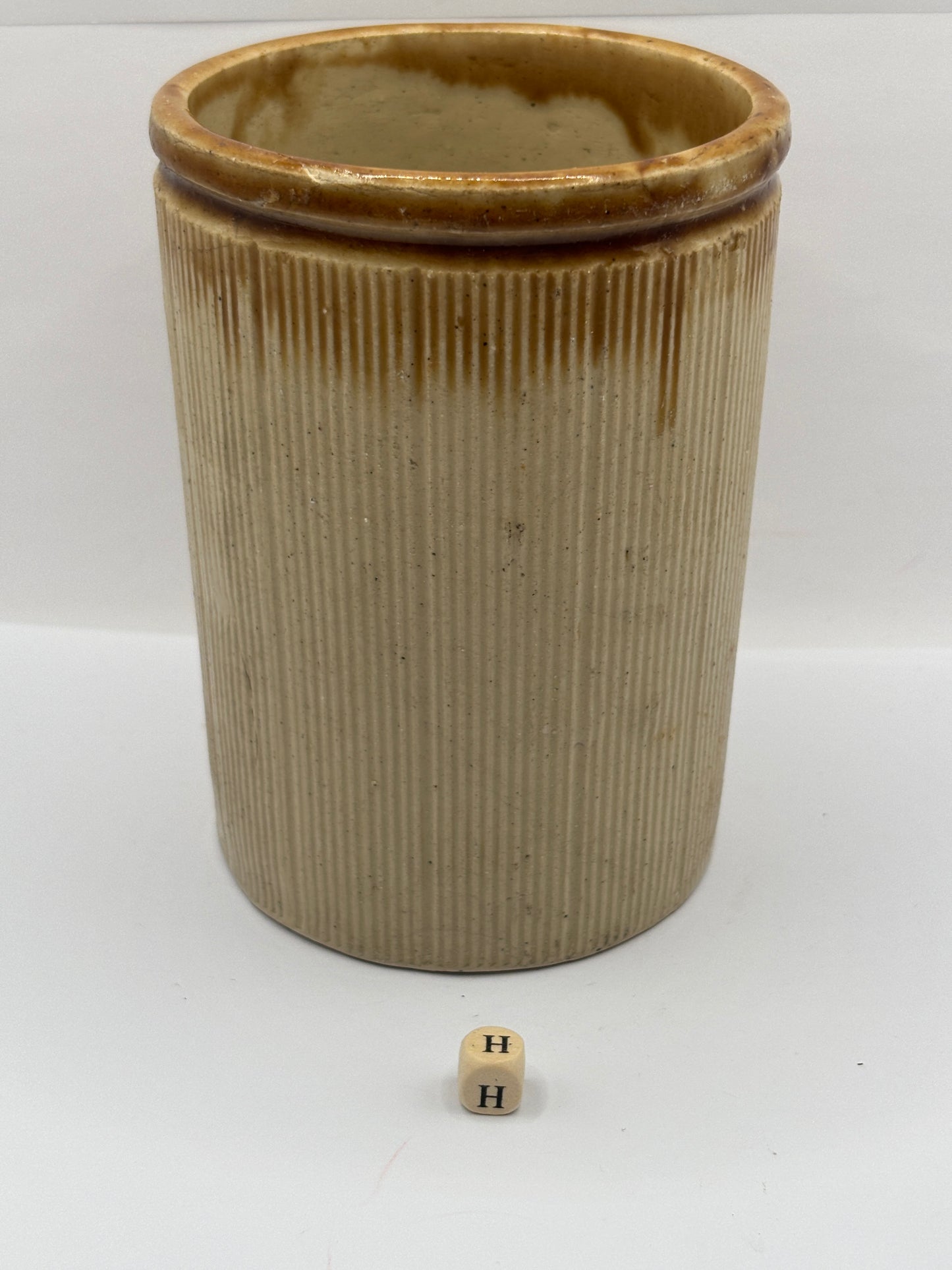 Old 2lb brown top stoneware jam pot with added label (H)