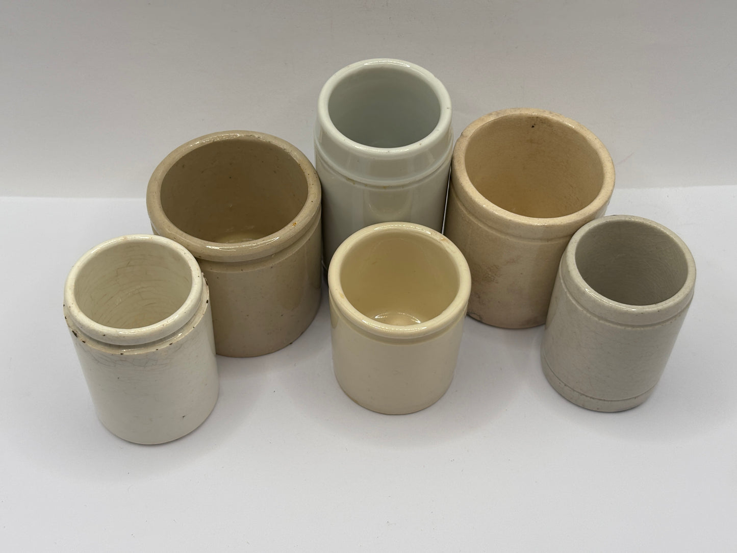 6 old small stoneware jars & pots