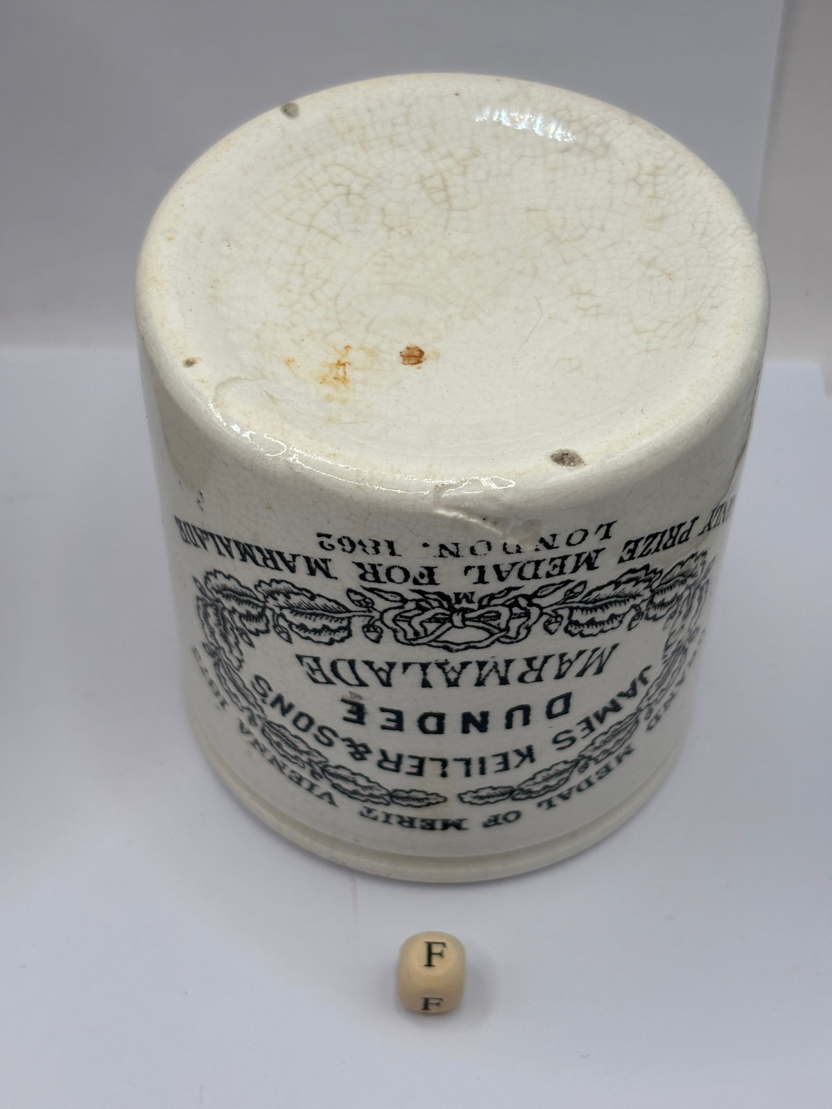 Old 1lb stoneware marmalade pot, James Keiller Dundee marmalade (F)