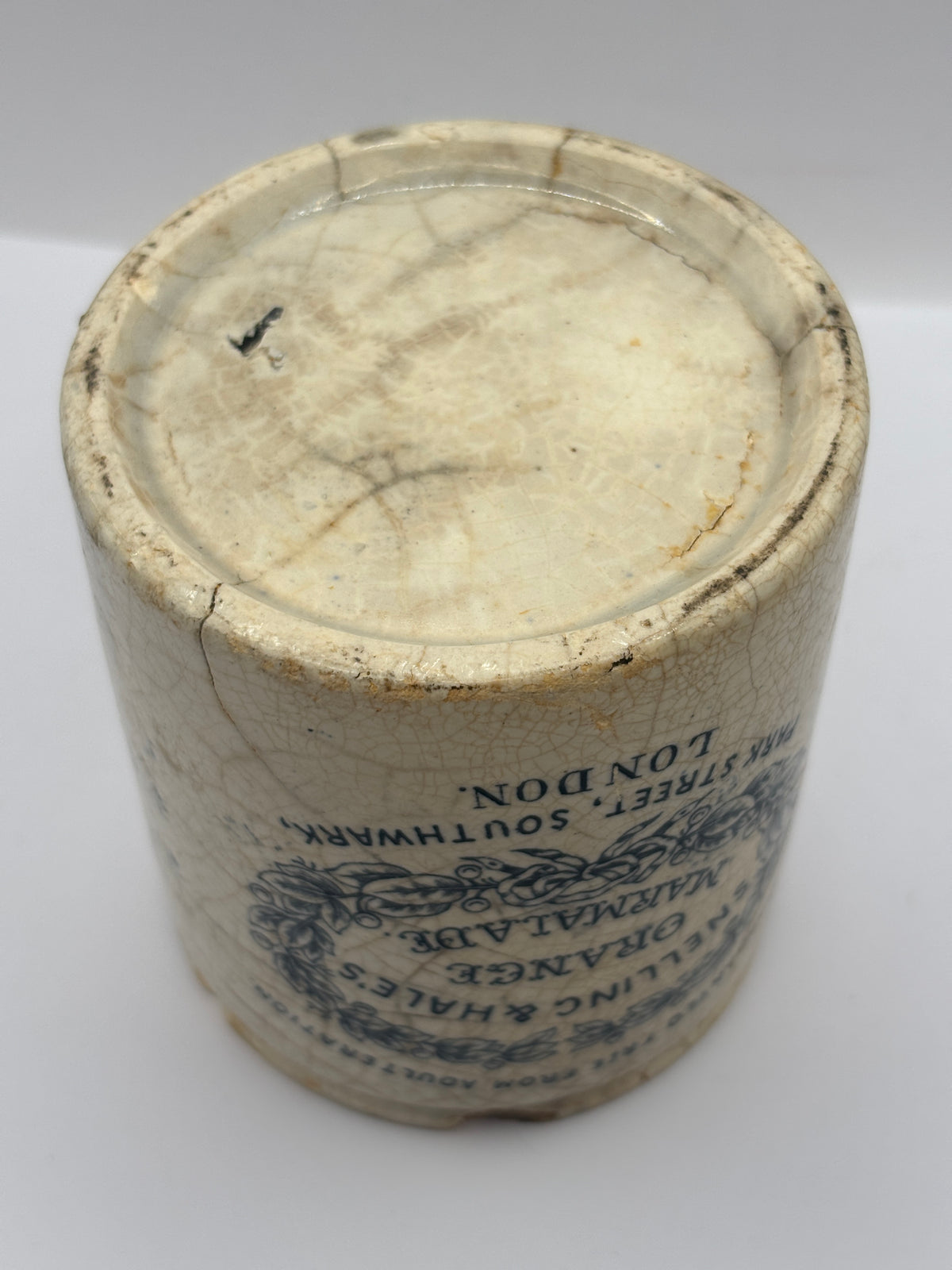 Rare old stoneware marmalade pot, Snelling & Hales orange marmalade. Damaged