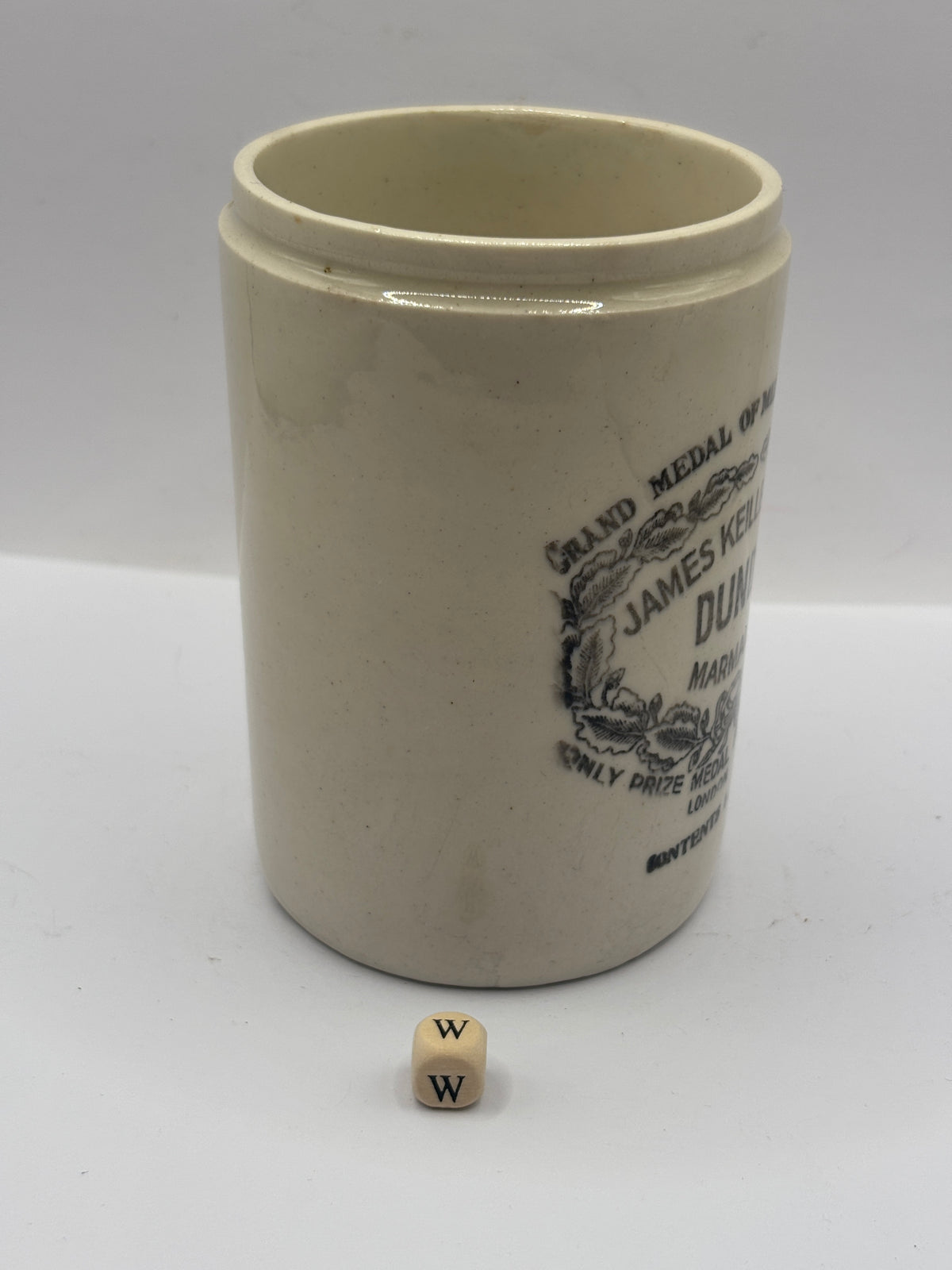 Old 1lb stoneware marmalade pot, James Keiller Dundee marmalade (w)