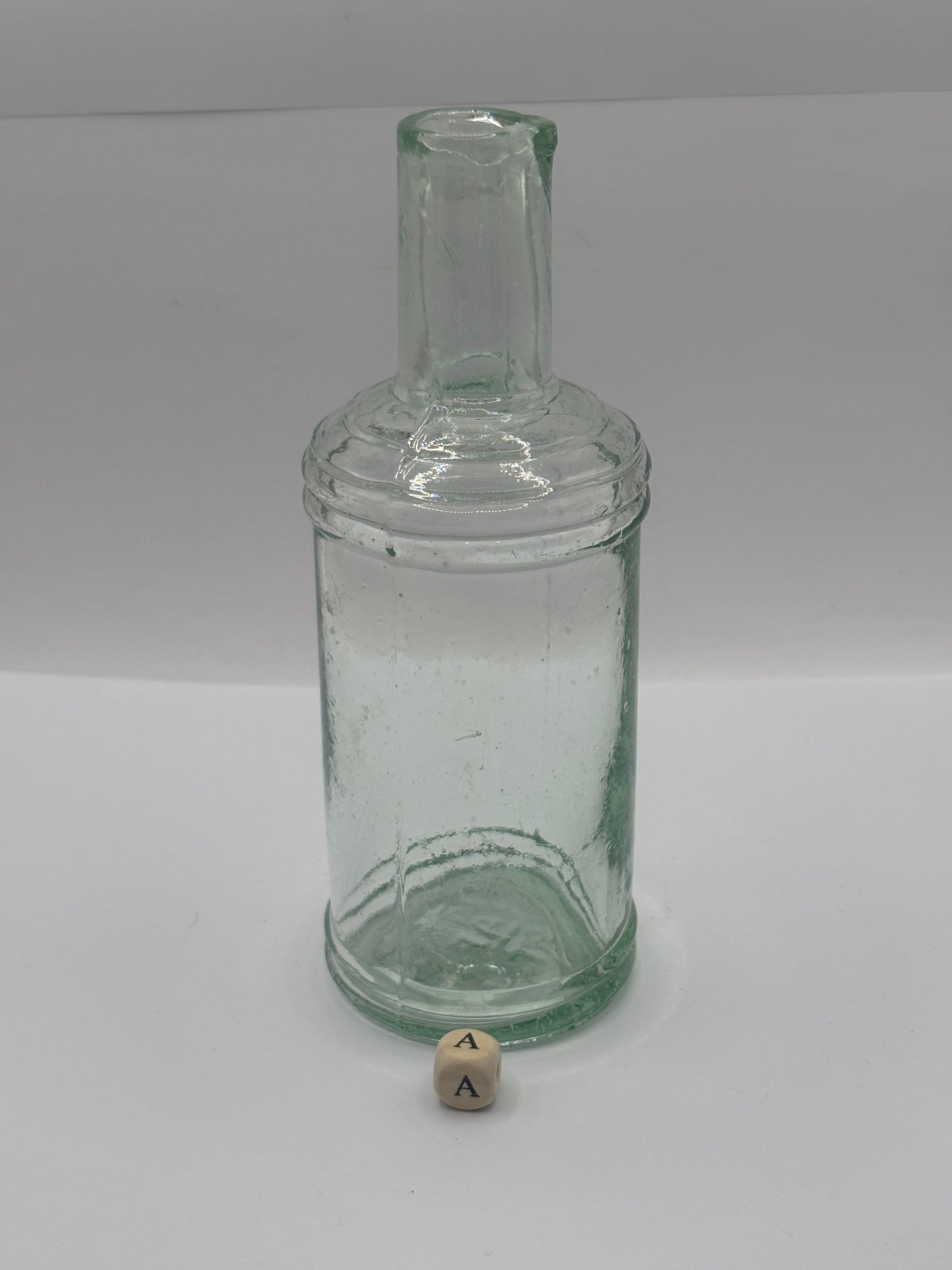 Old tall aqua glass pouring ink, inkwell (a)