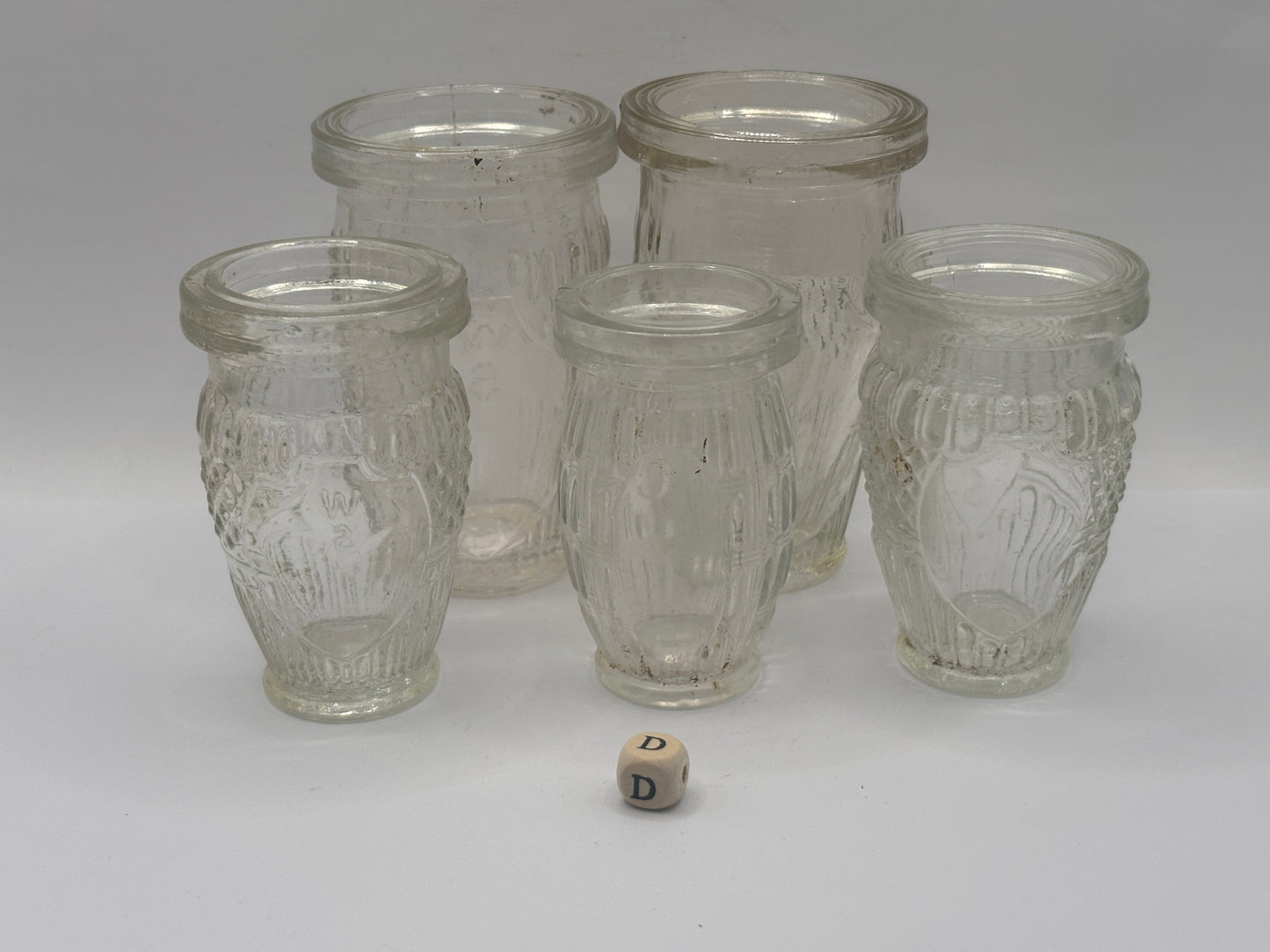 5 old clear glass meat paste jars (D)