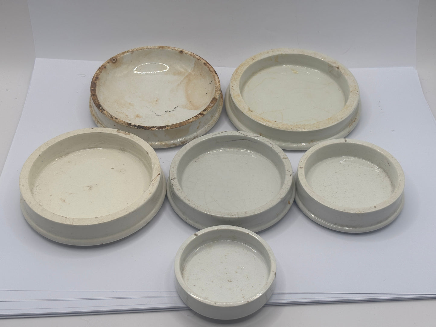 6 old plain stoneware lids, stacking lids