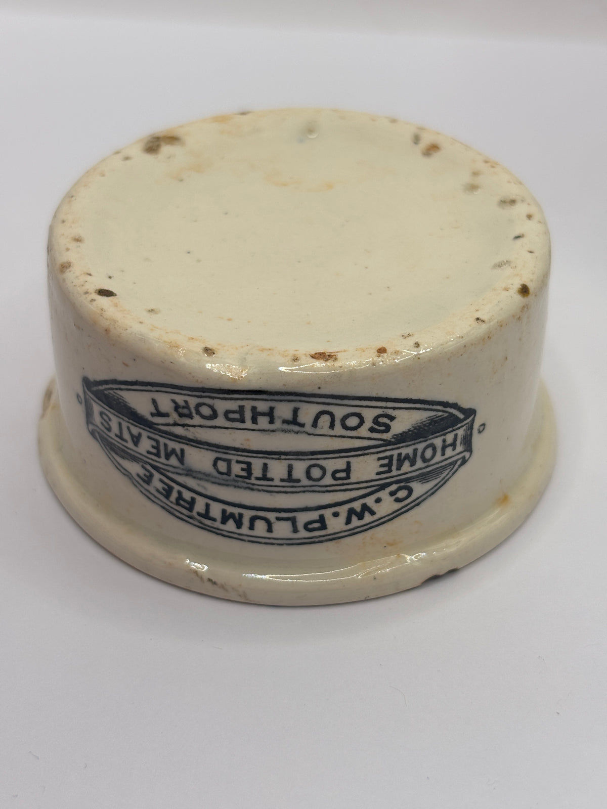 Old small advertising meat paste pot, Plumtree home potted meats