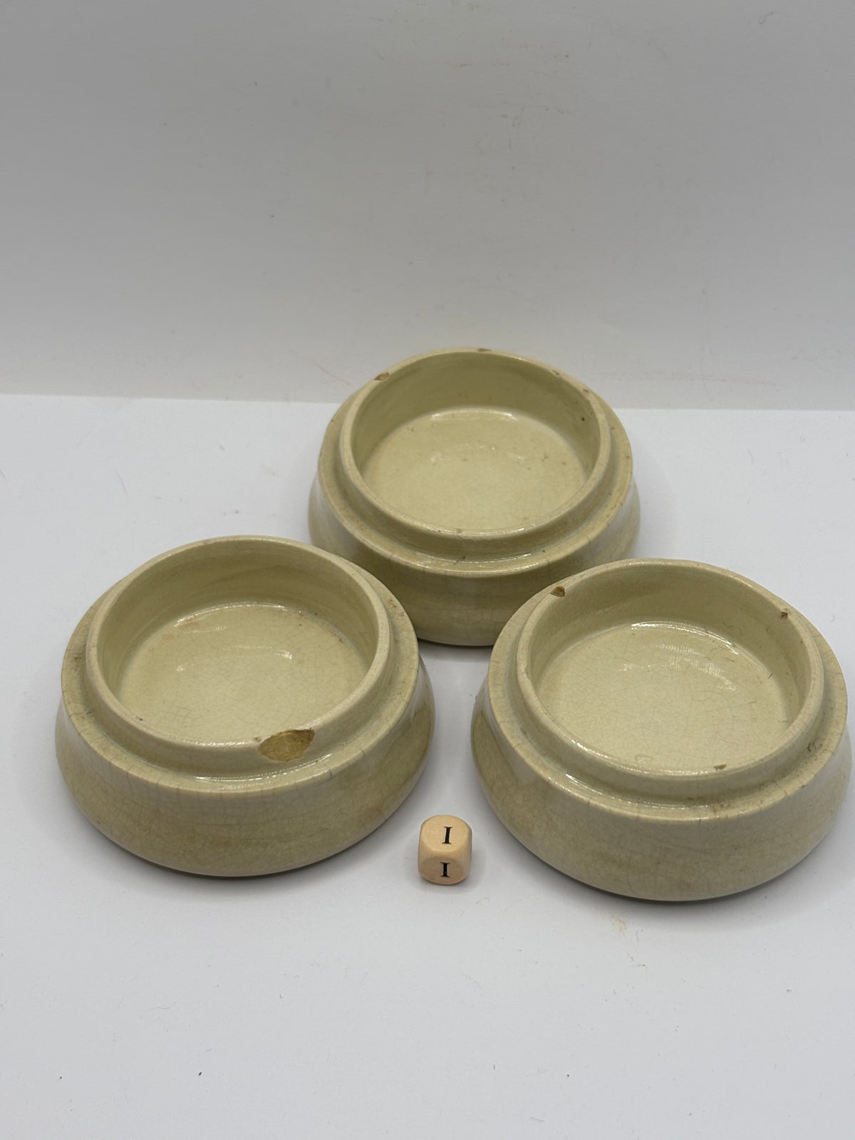 3 old stoneware pot lid bases, stackers (i)