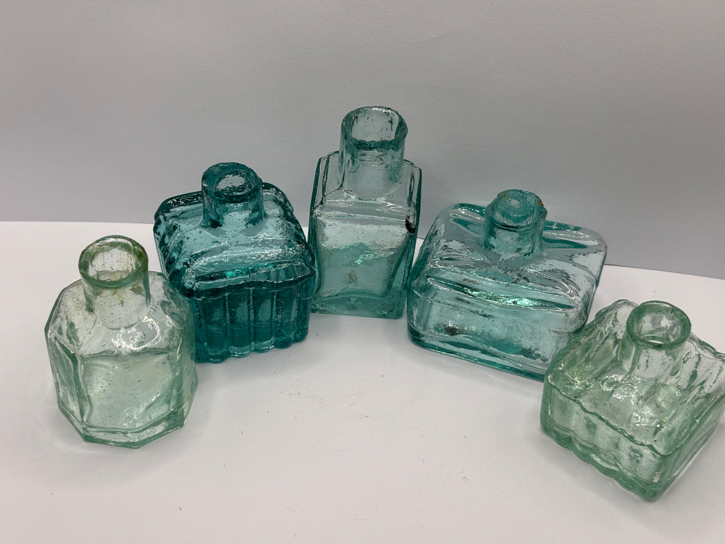 5 old aqua glass inkwells, ink bottles