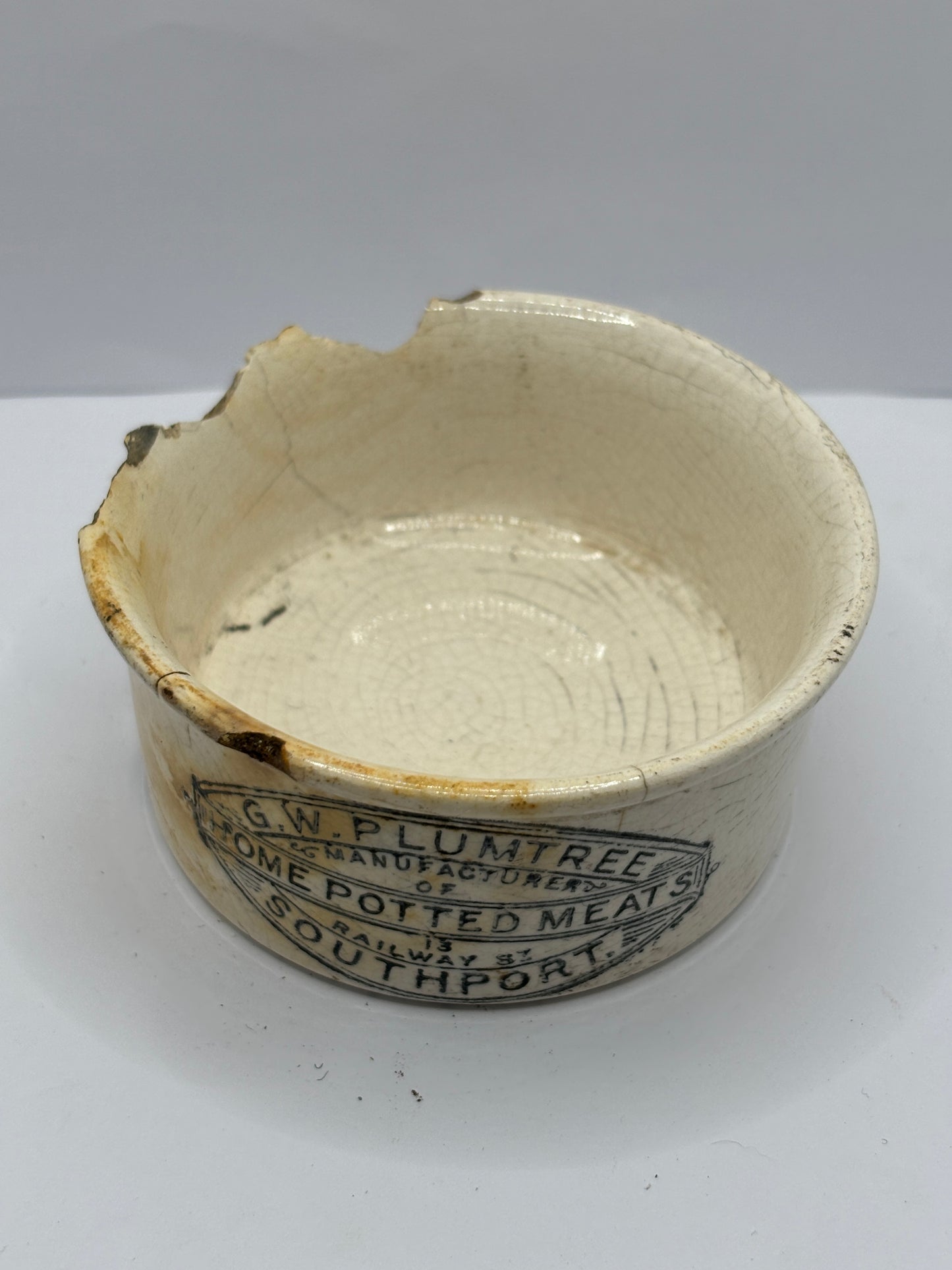 Plumtree home potted meats advertising pot. Damaged