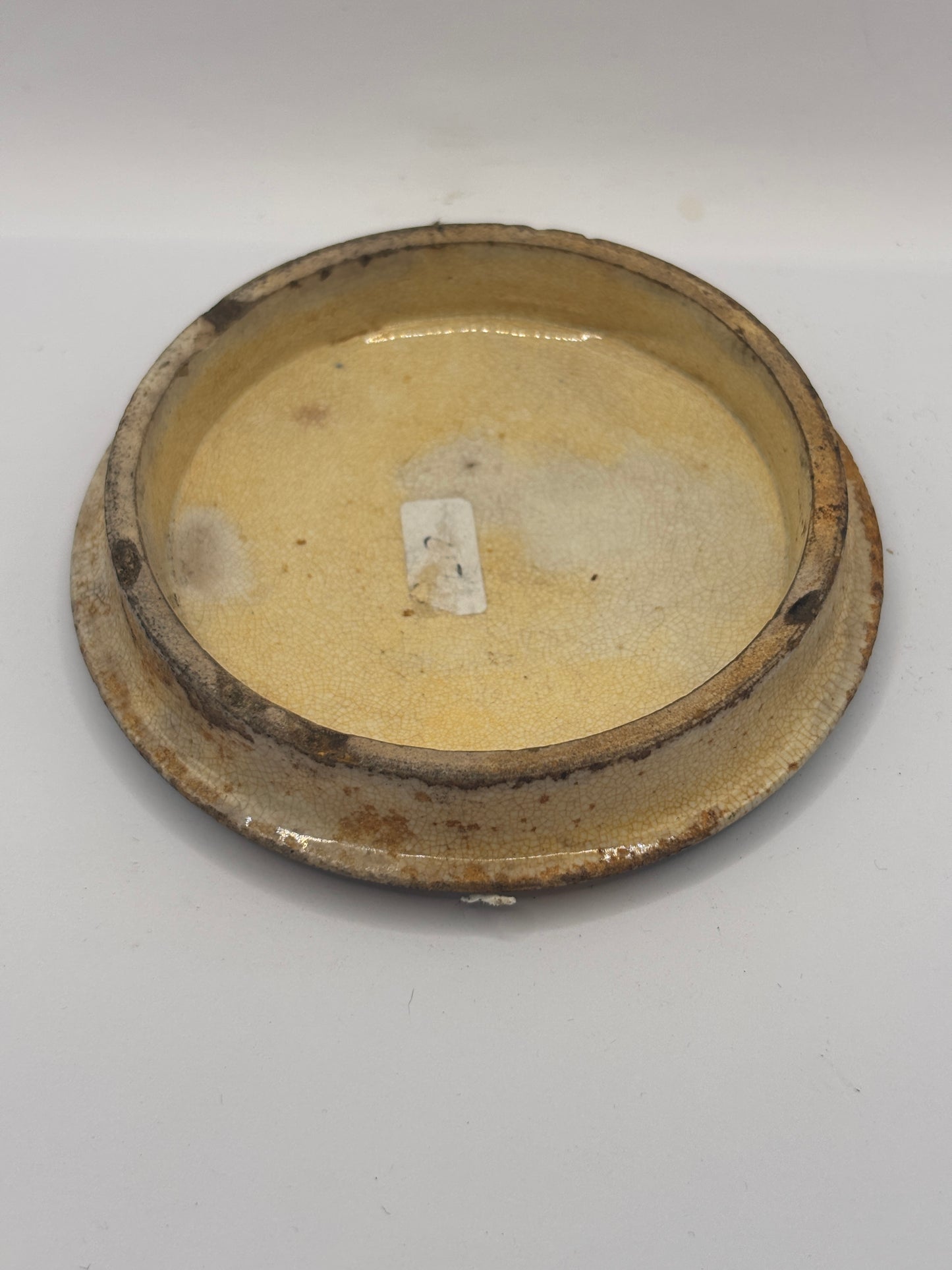 Old Prattware lid, victorian pot lid. the shrimpers Pratt lid. Chips
