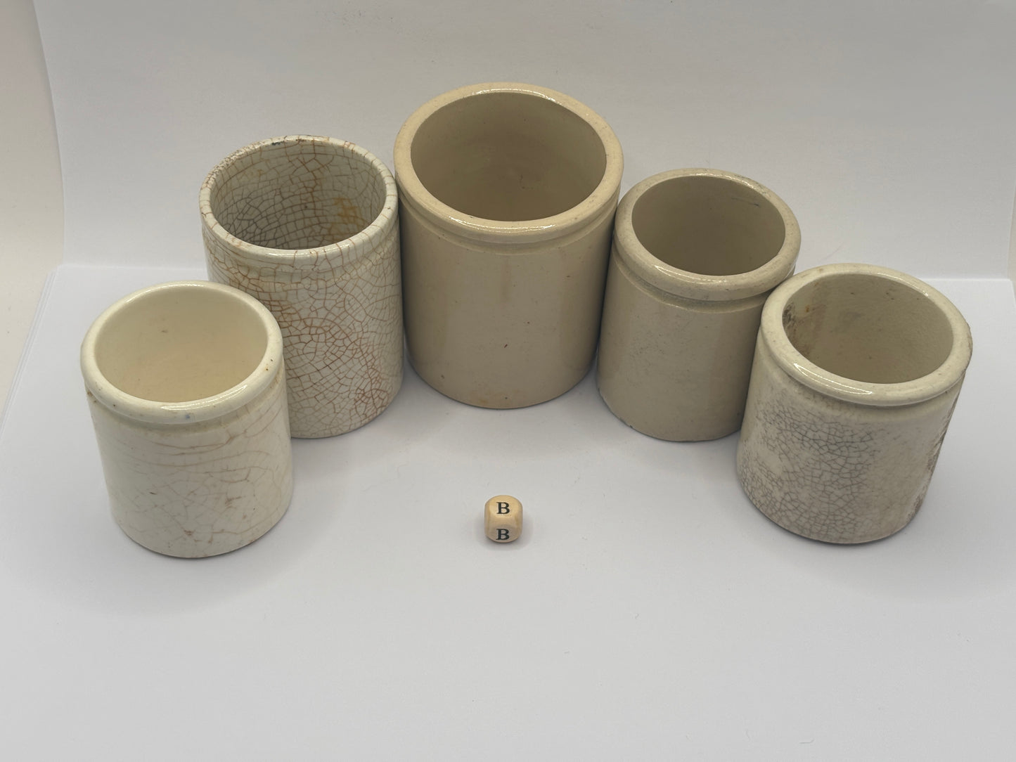 5 old white stoneware jars & pots (B)
