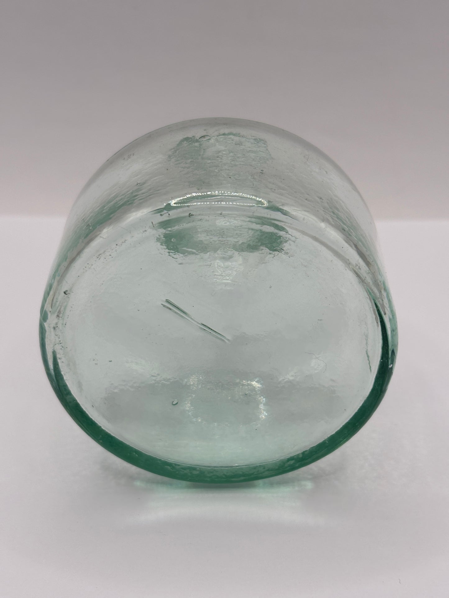 Old aqua glass round inkwell, ink bottle