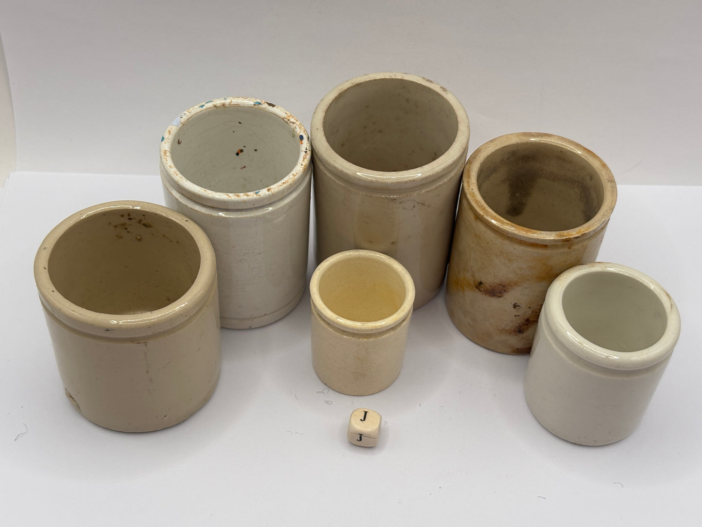 6 old white stoneware jars & pots (J)