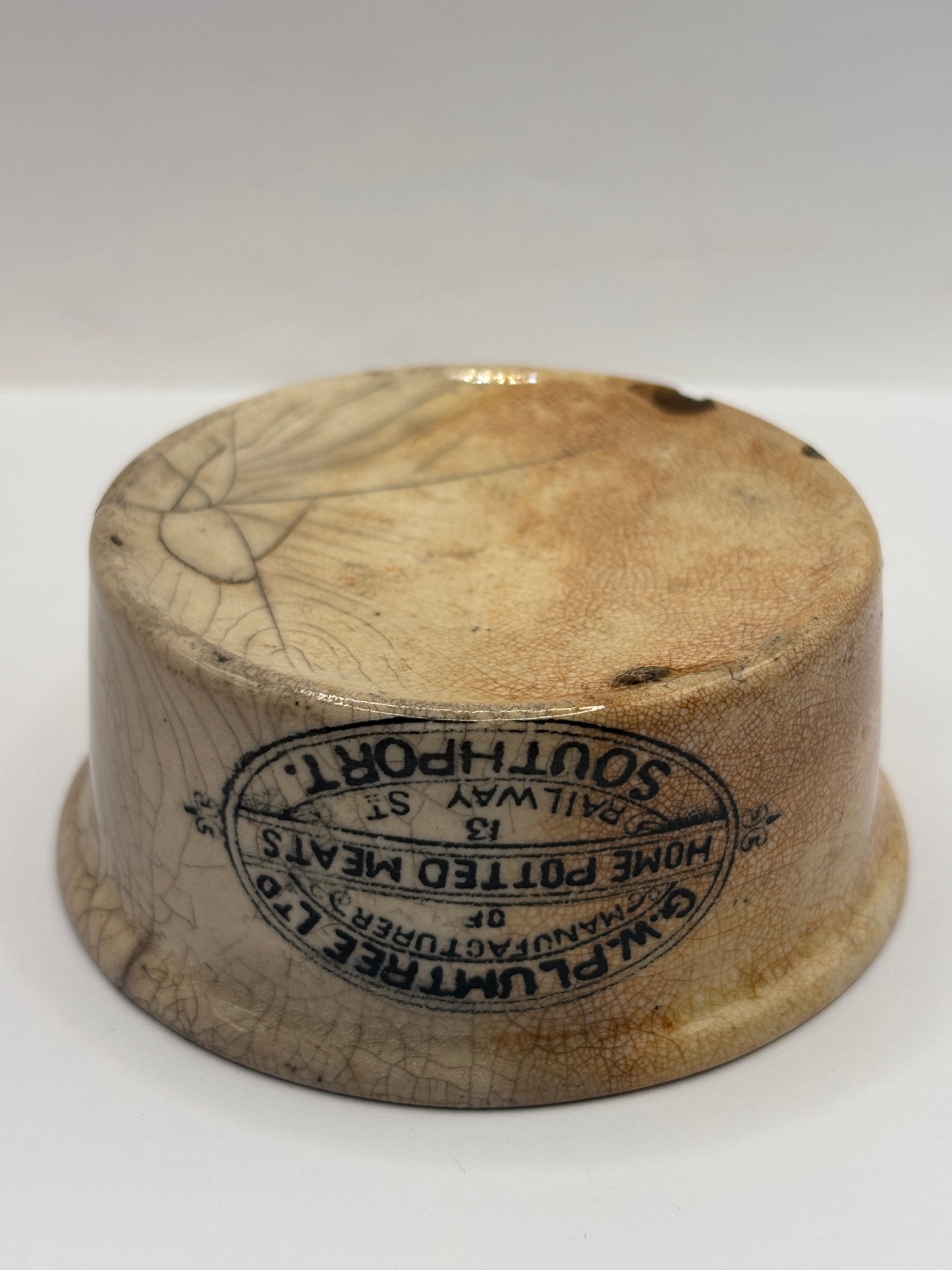Old Plumtree advertising meat paste pot. Damaged