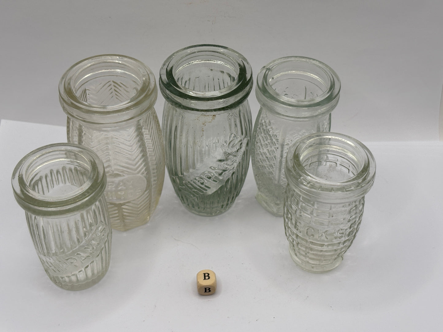 5 old clear glass meat paste jars (B)