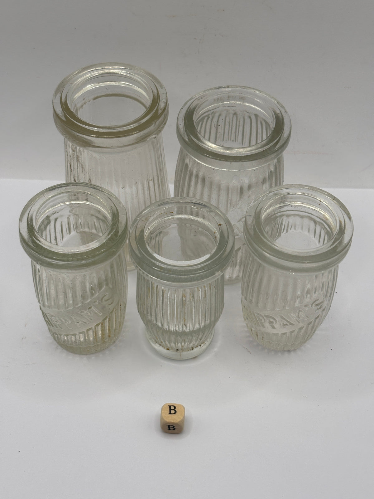 5 old clear glass meat paste jars (B)