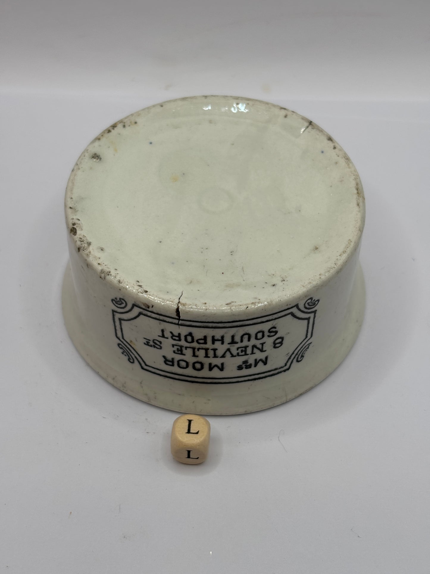 Old advertising meat paste pot, Mrs Moors (L)