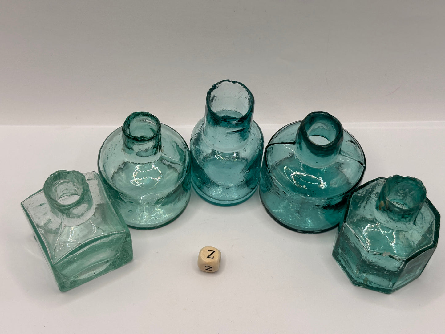 5 old aqua glass inks, inkwells, ink bottles (z)