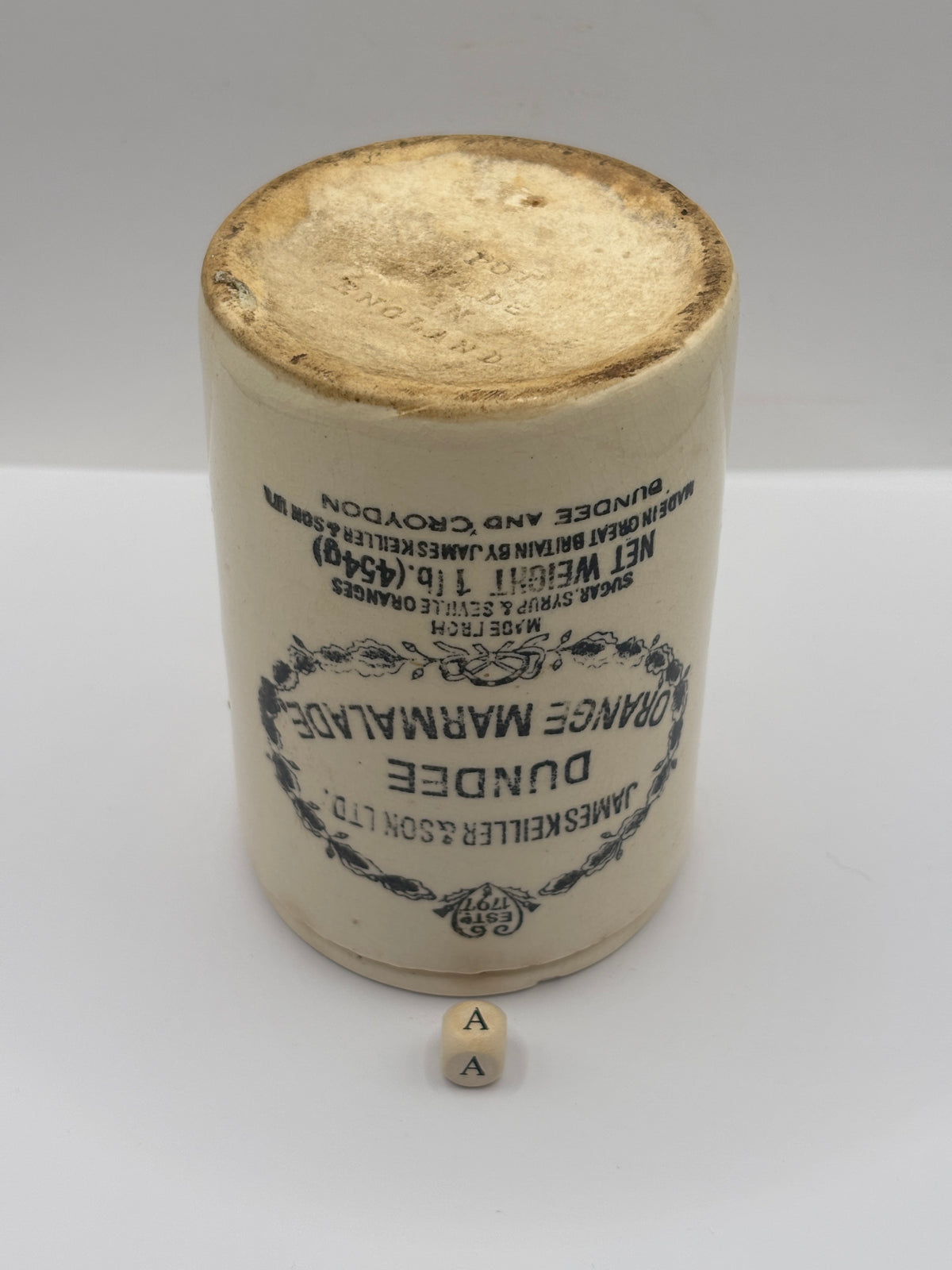 Old 1lb stoneware marmalade pot, James Keiller Dundee marmalade (a)