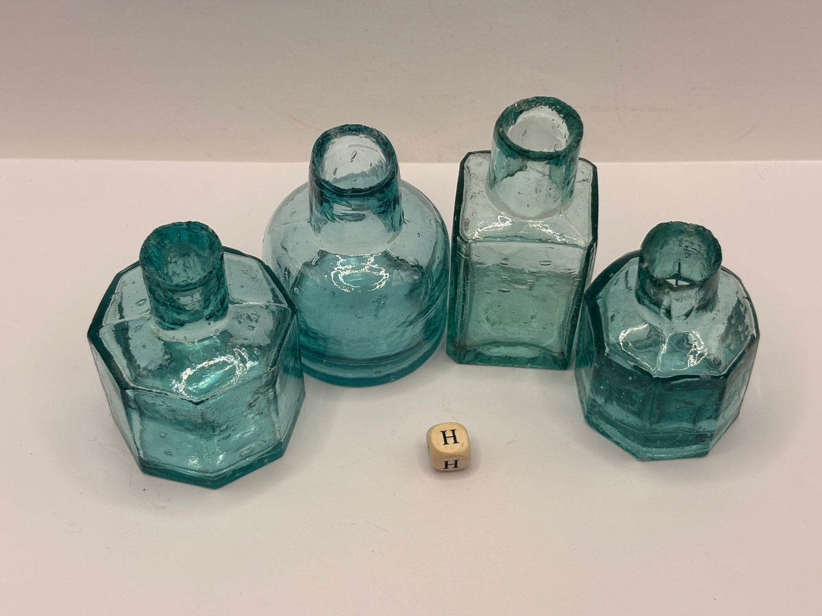 4 old dark aqua glass inks, inkwells, ink bottles, penny ink (H)