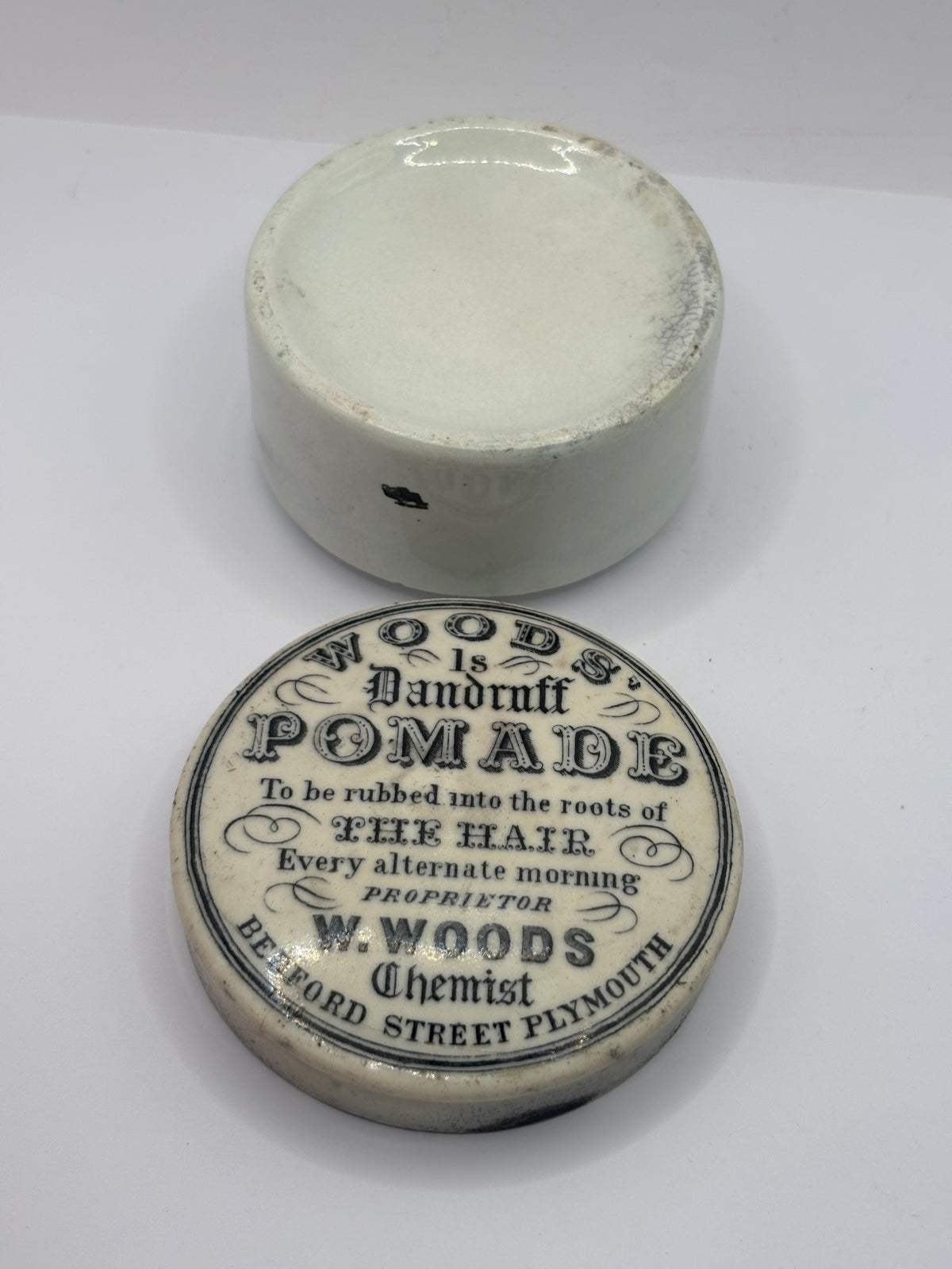 Old advertising lid and base. Woods Dandruff Pomade