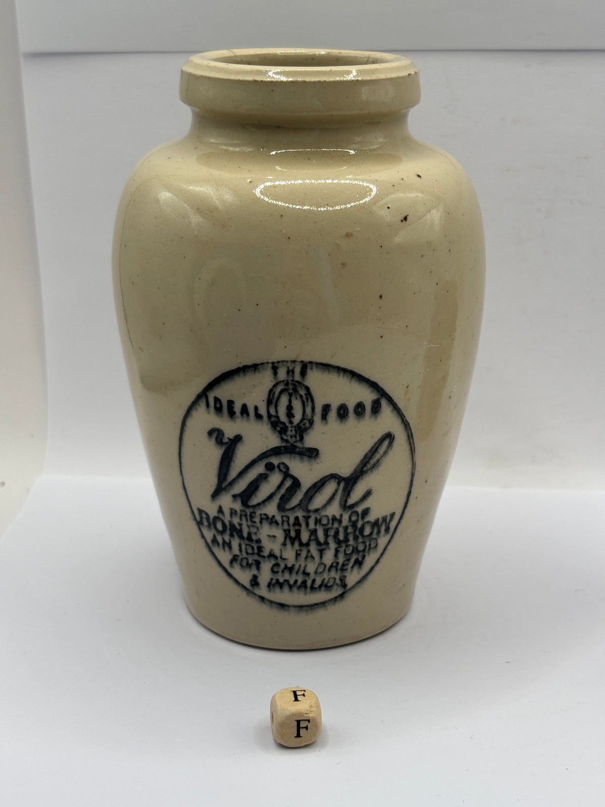 Old advertising stoneware Virol pot, 13.5cms (F)