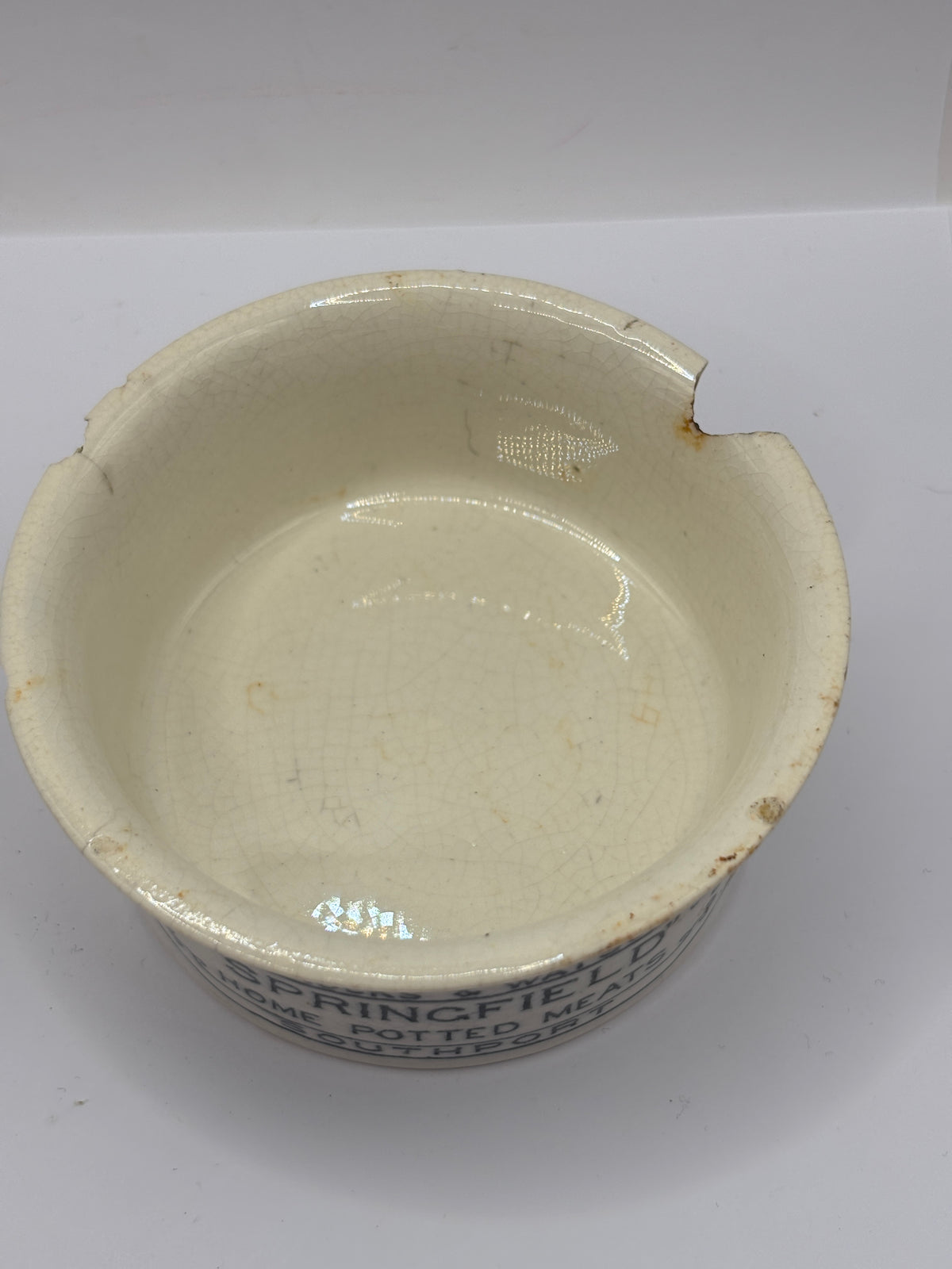 Old advertising meat paste pot, Springfield. Damaged