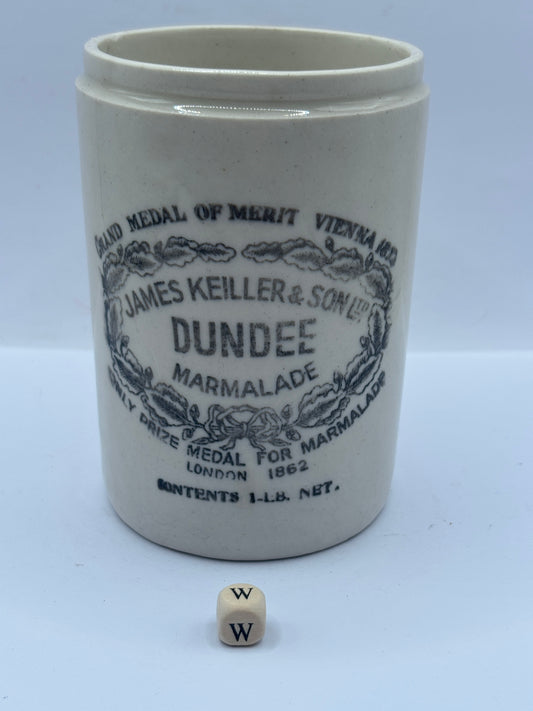 Old 1lb stoneware marmalade pot, James Keiller Dundee marmalade (w)