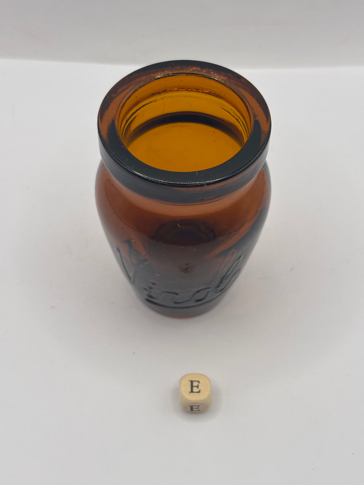 Old amber glass Virol jar (e) 8cms