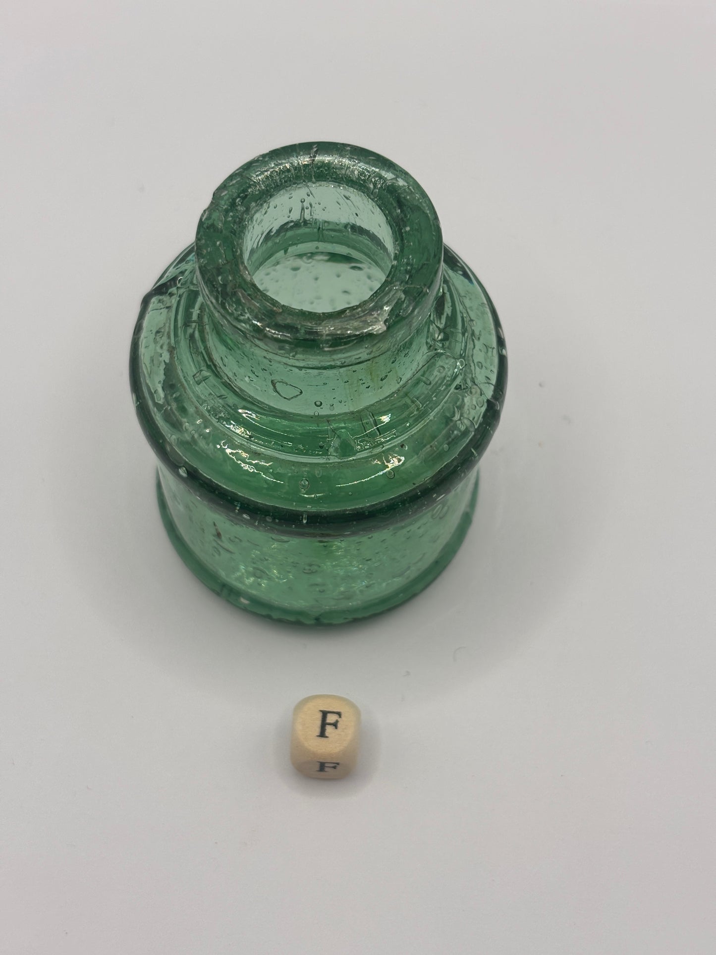 Old glass ink bottle, inkwell (F)