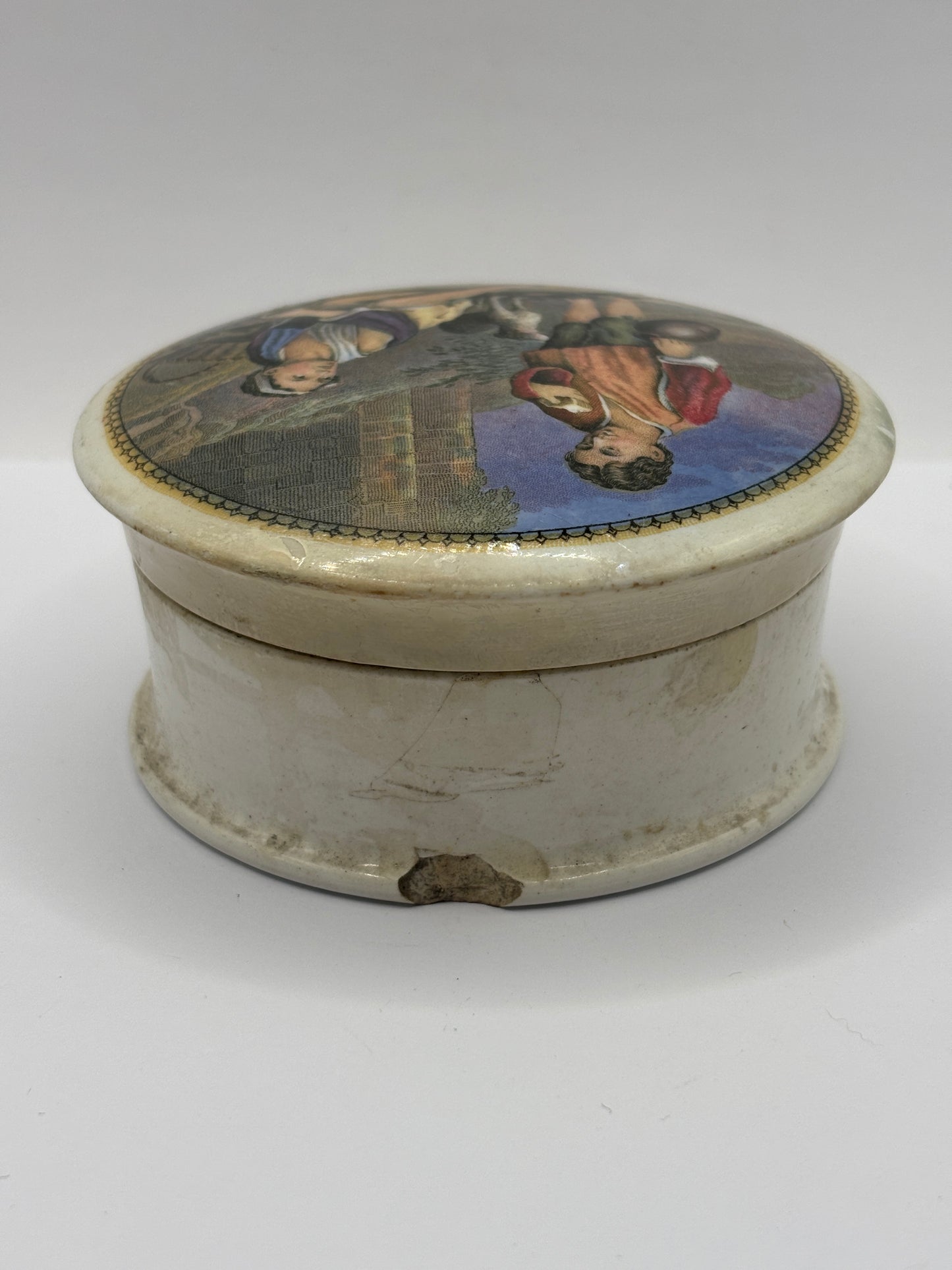 Rarer Old Prattware lid, Peasant boys, lid and base