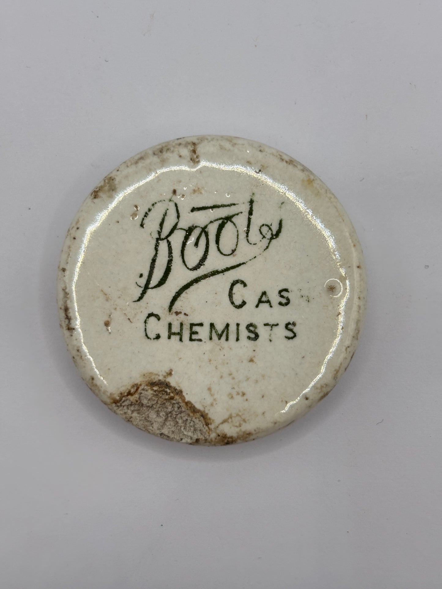 Old Boots cash chemist stoneware lid, chipped