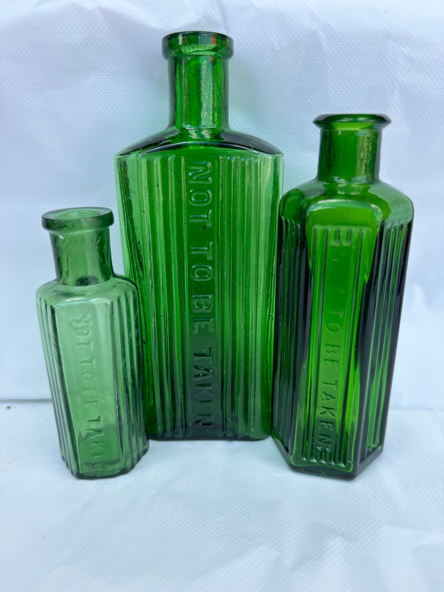 3 green ribbed poison bottles, Not to be taken. Halloween decor