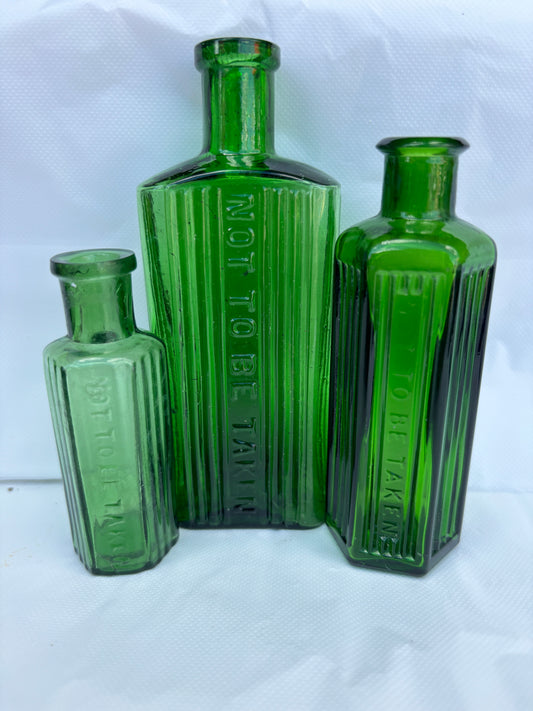 3 green ribbed poison bottles, Not to be taken. Halloween decor