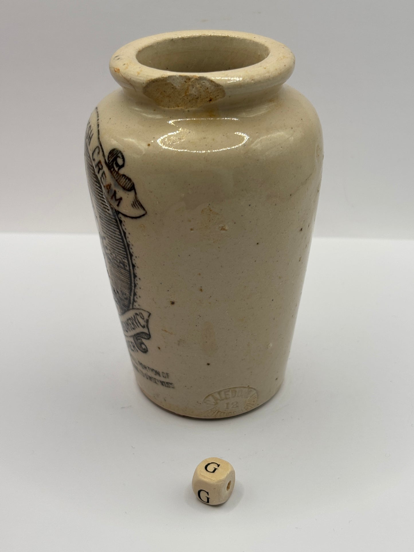 Old advertising cream pot, Rich preserved cream, Stranraer. Milk maid (G) damaged