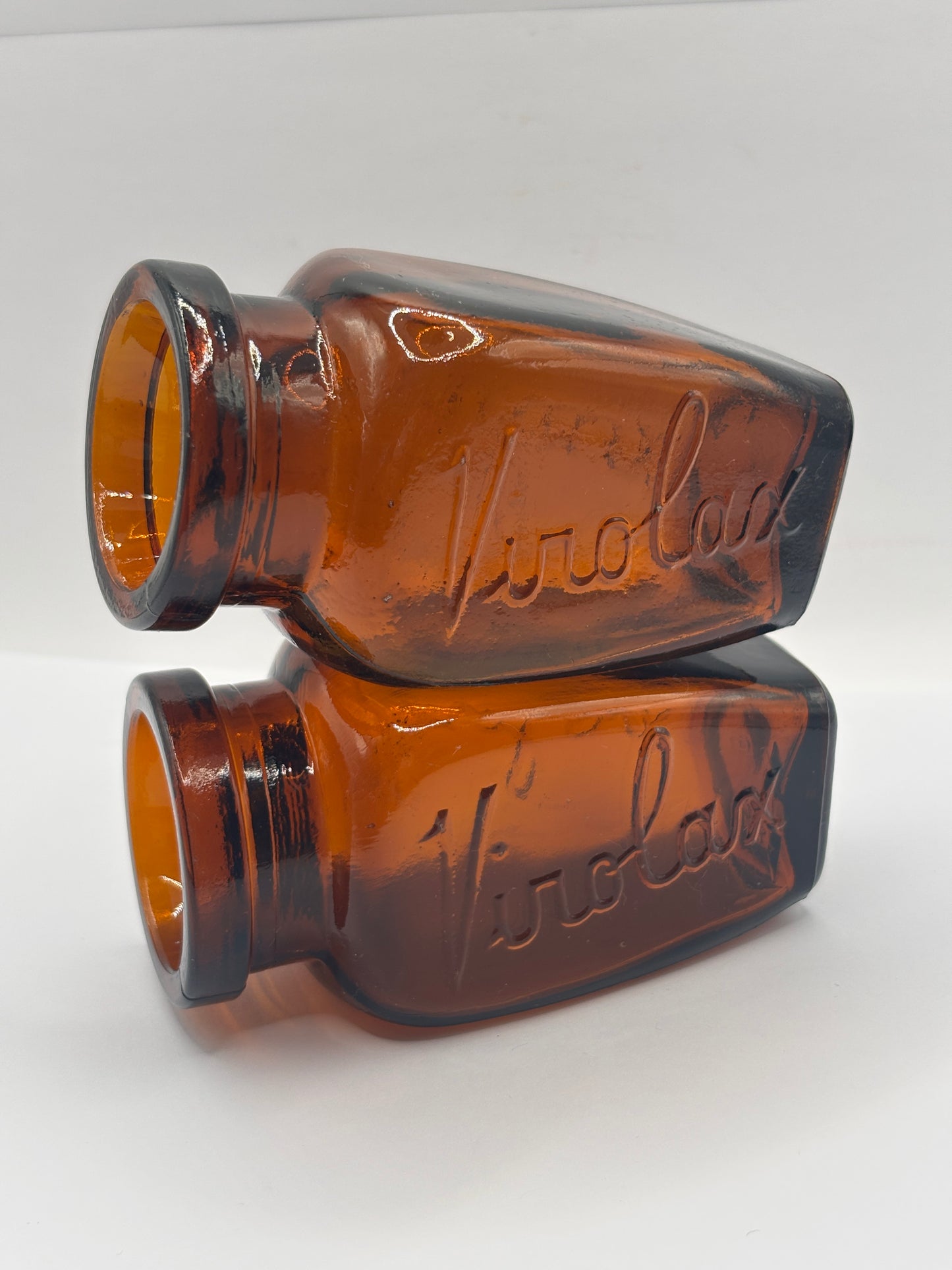 2 old amber glass bottles, Virolax