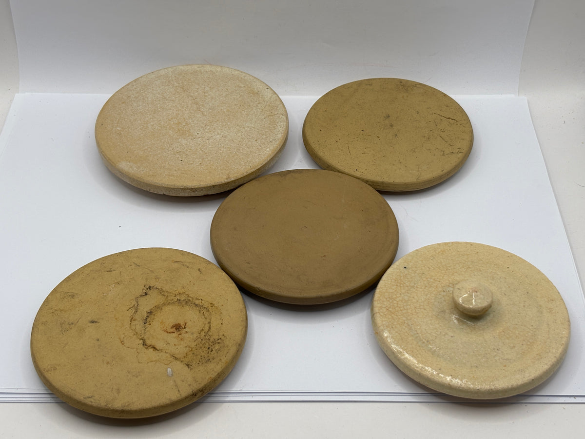 5 old stoneware lids, stackers