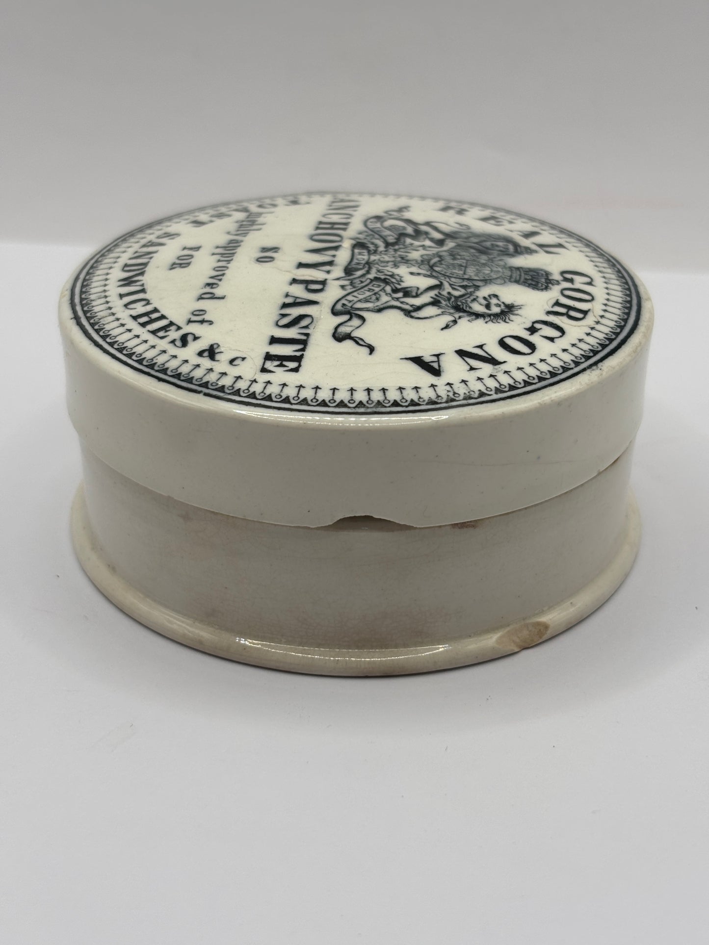 Old advertising lid and base. Real Gorgona anchovy paste. Chipped