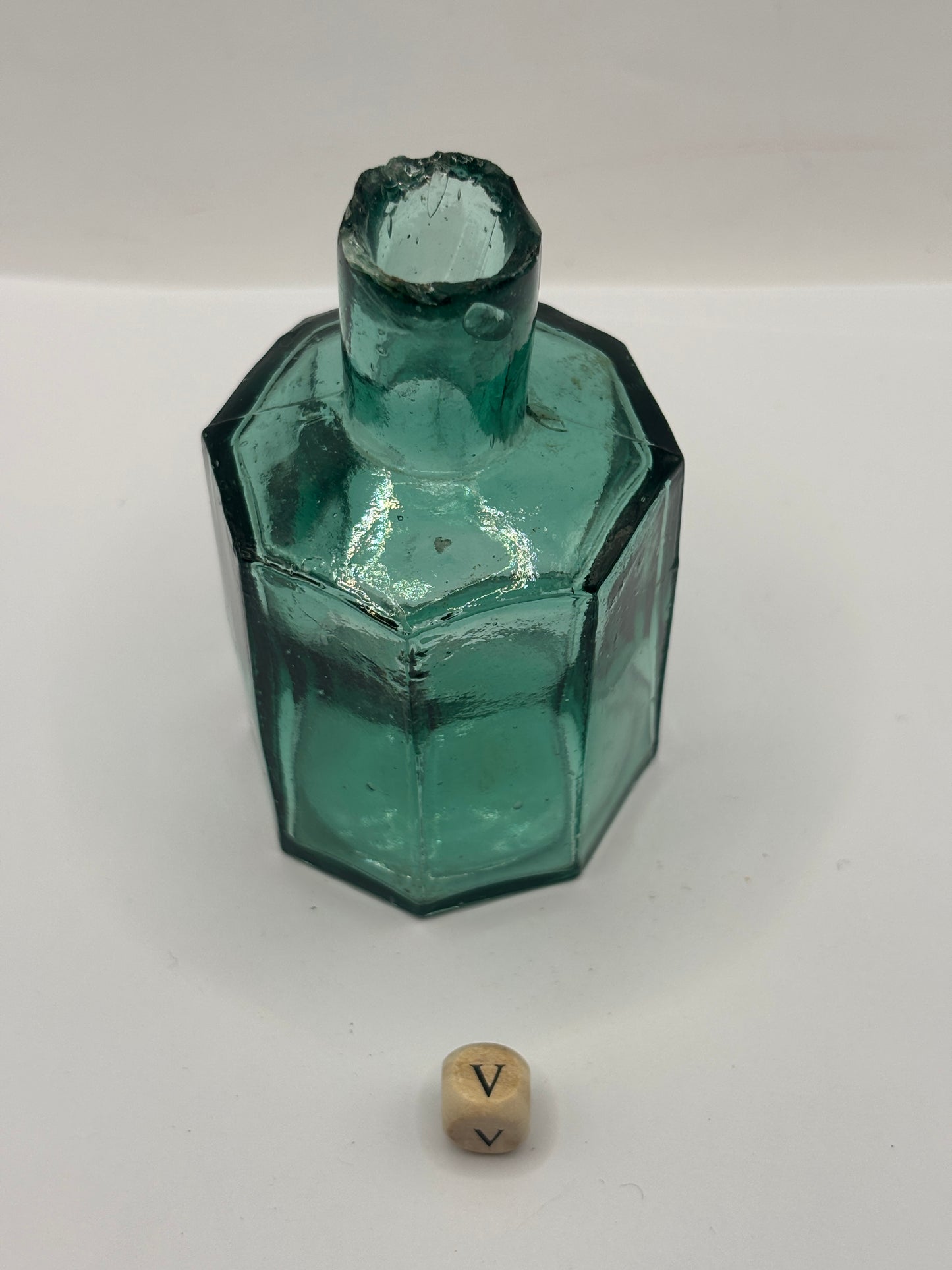 Old large dark aqua glass inkwell, ink bottle (V)