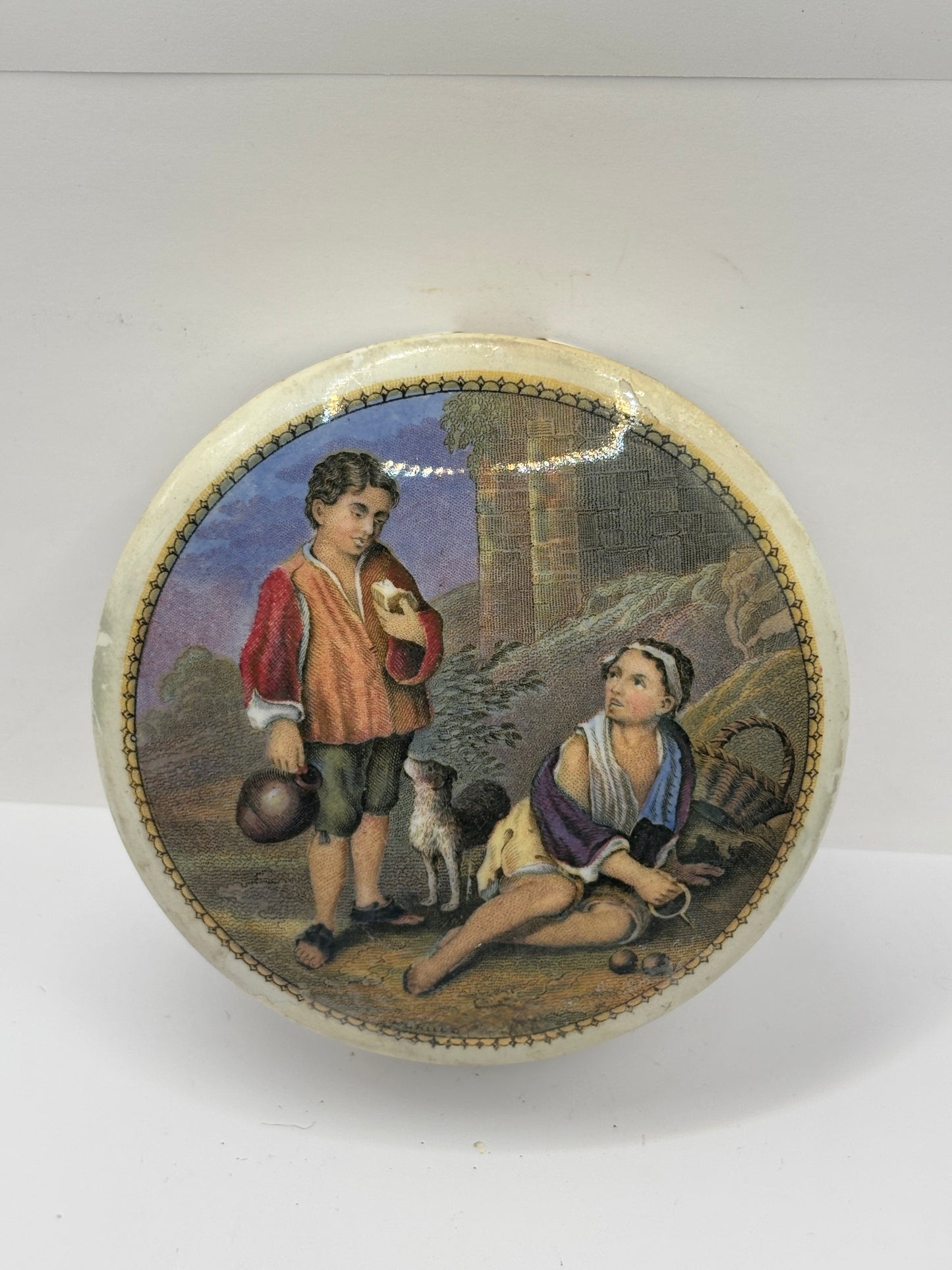 Rarer Old Prattware lid, Peasant boys, lid and base