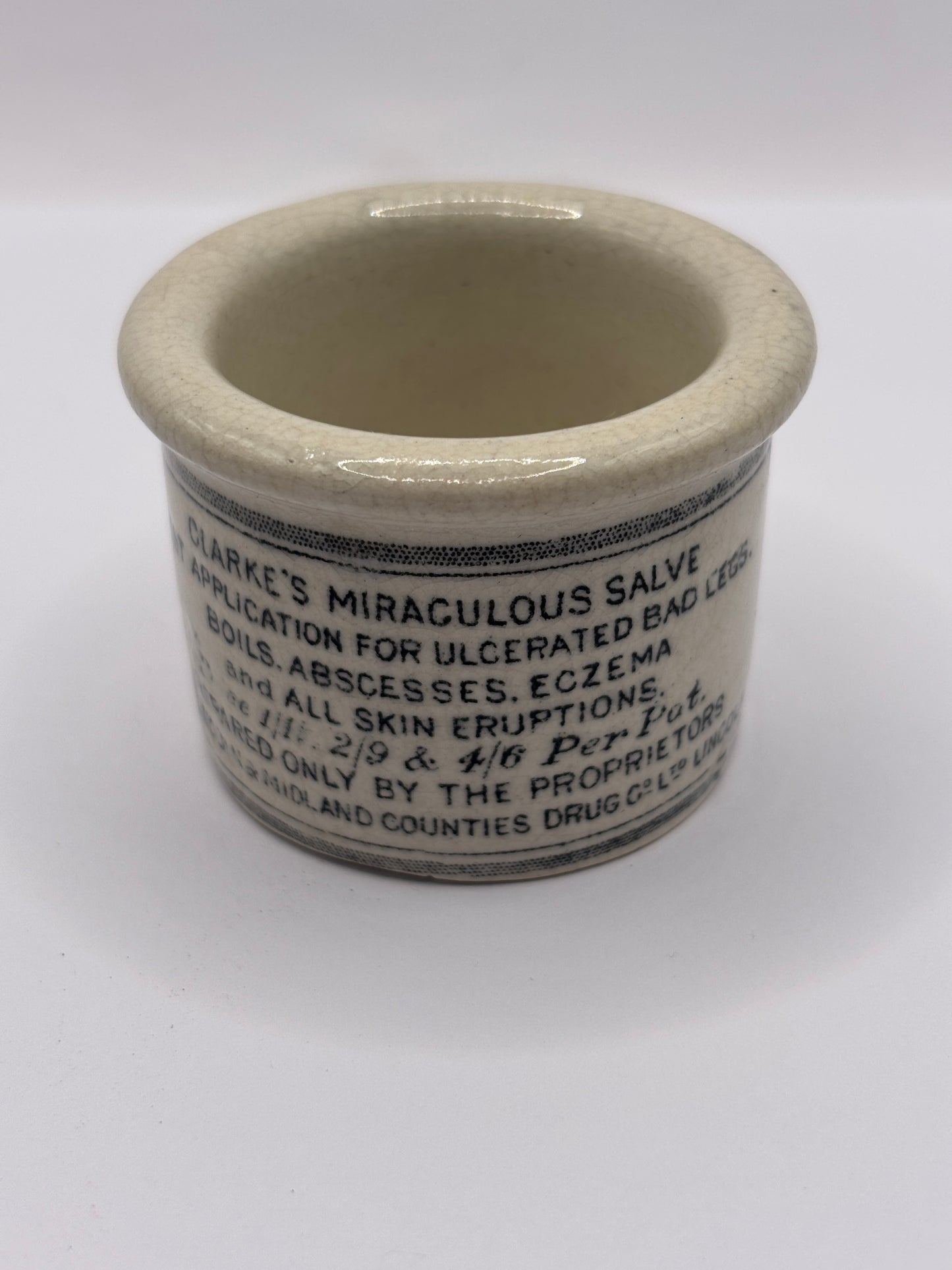 Old advertising ointment pot, clarkes miraculous salve ointment